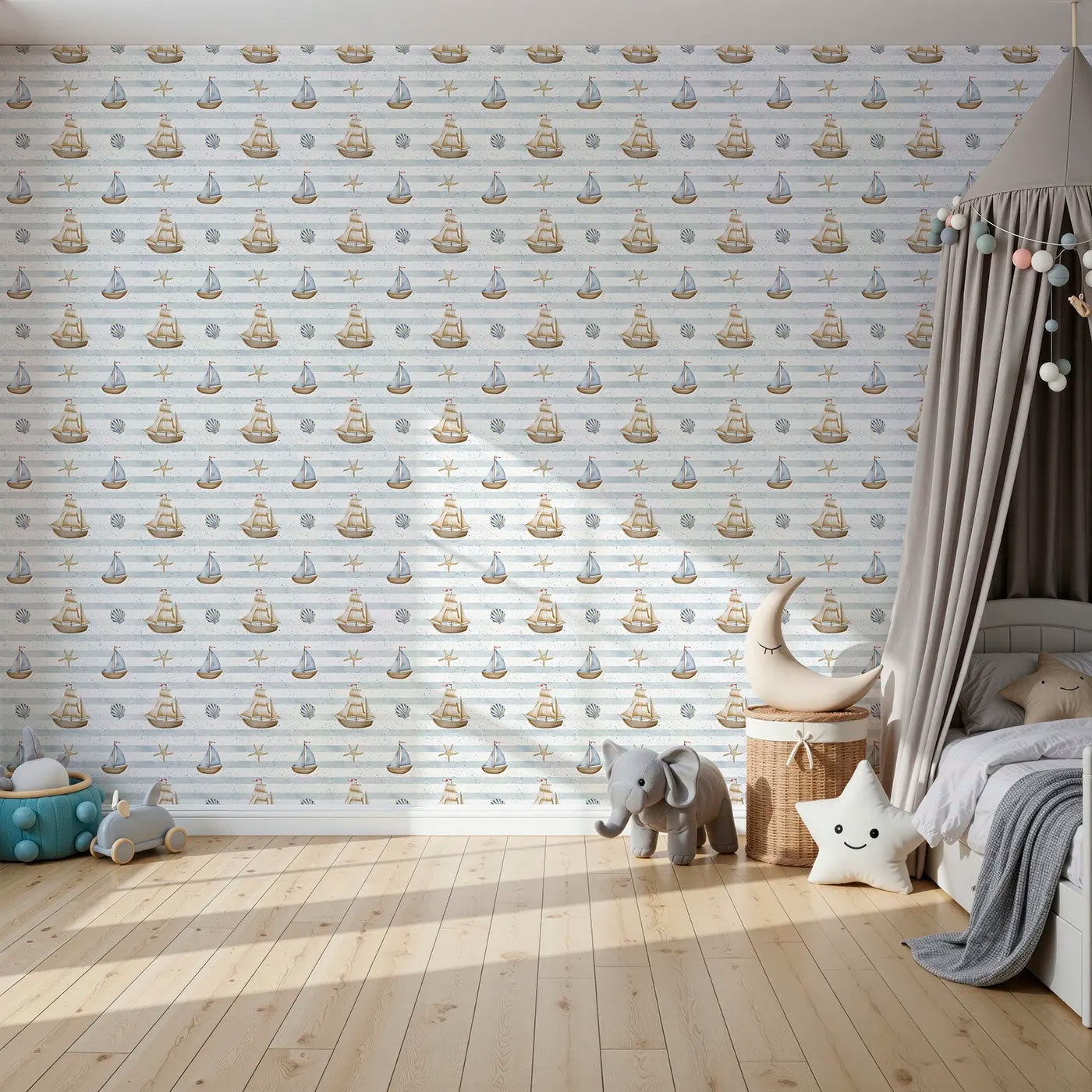 Front view of Whimsy Tots' Vintage Sailboat Stripes Wallpaper
