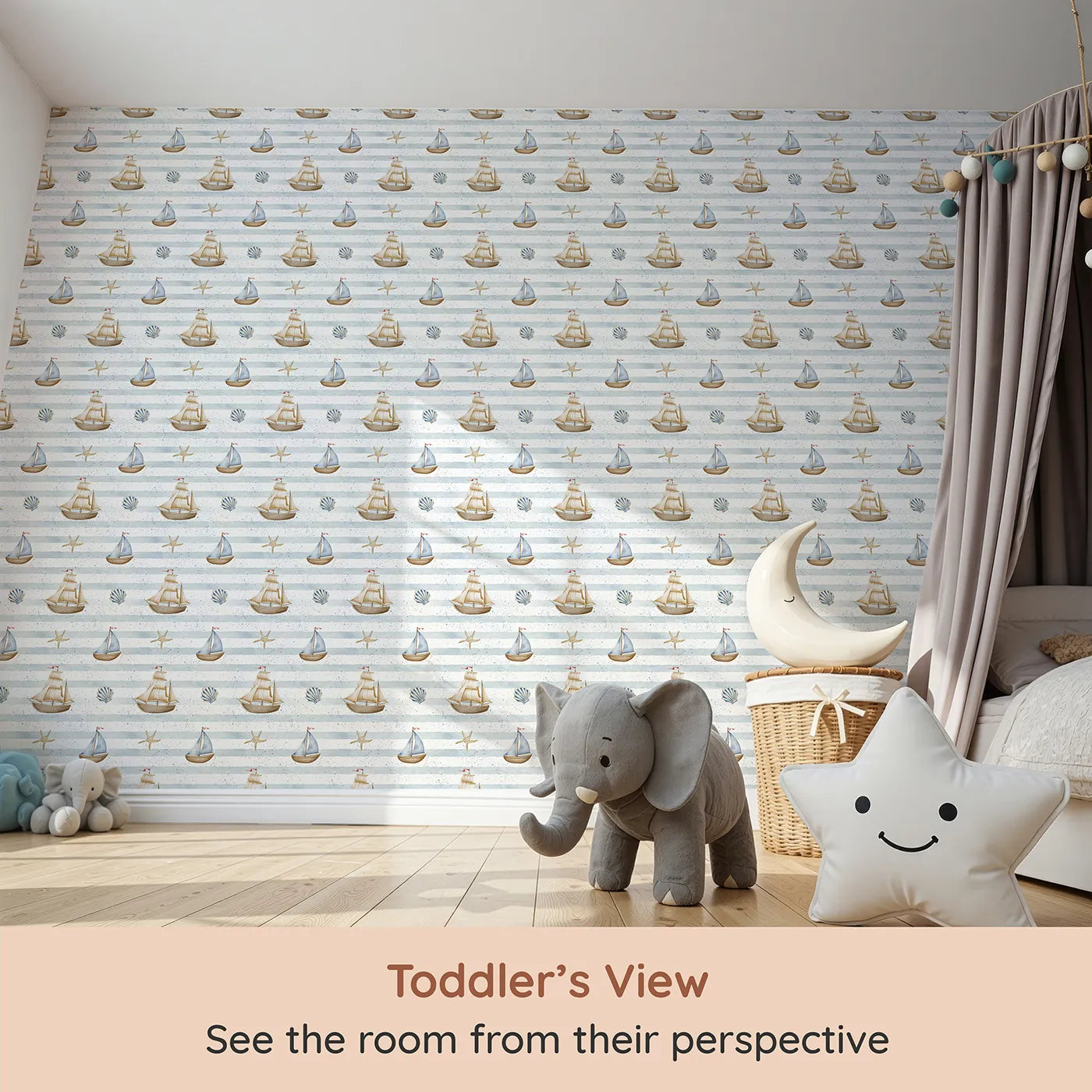 Whimsy Tots Vintage Sailboat Stripes Wallpaper (W2311) from your child's view.Where majestic ships sail on a beautiful, painted sea.