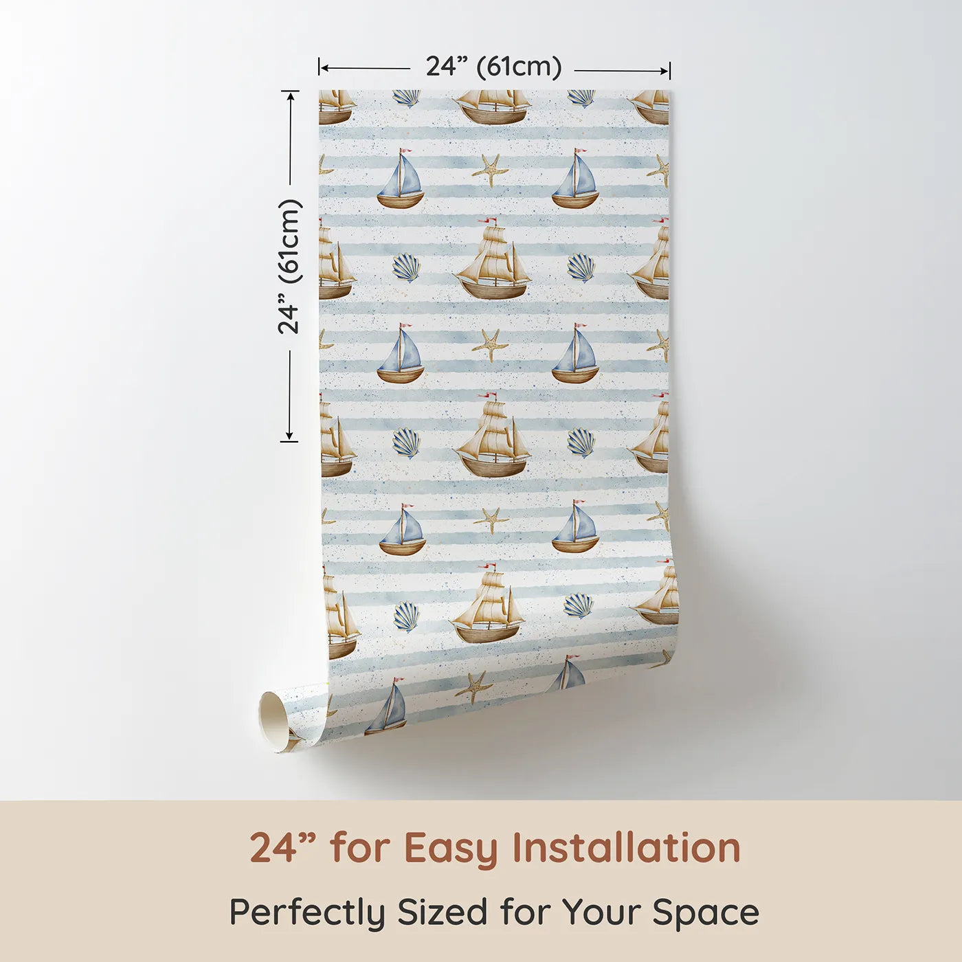 Dimension view of Whimsy Tots Vintage Sailboat Stripes Wallpaper (W2311). Printed in 24-inch-wide panel for easy installation. Where majestic ships sail on a beautiful, painted sea.