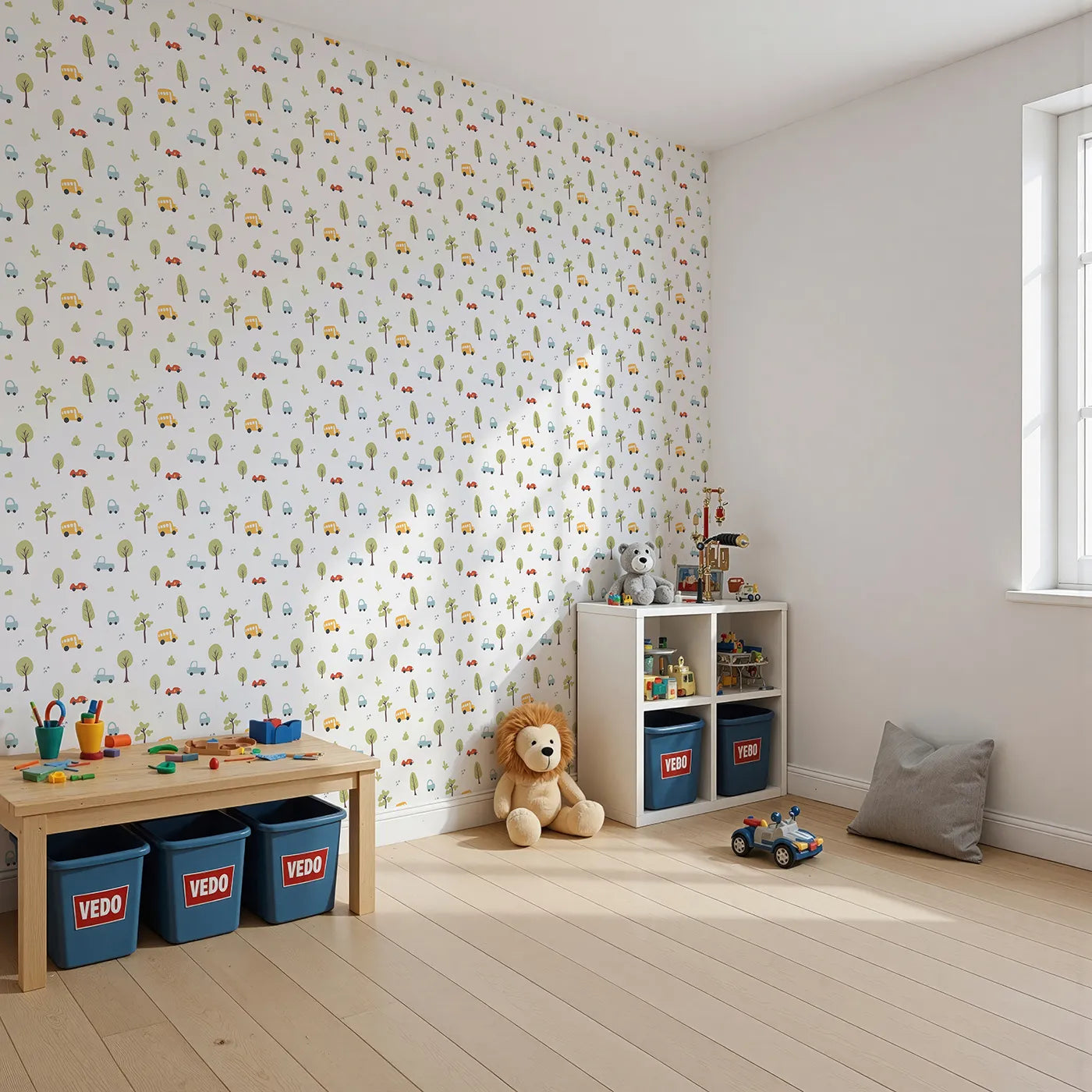 Angled view of Whimsy Tots' Simple Cartoon Cars Wallpaper (W2312).Where cute cars and buses are on a happy little drive.