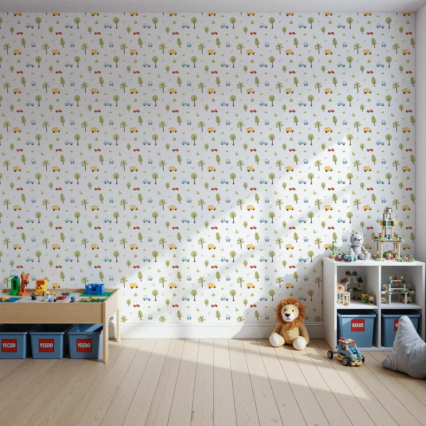 Front view of Whimsy Tots' Simple Cartoon Cars Wallpaper