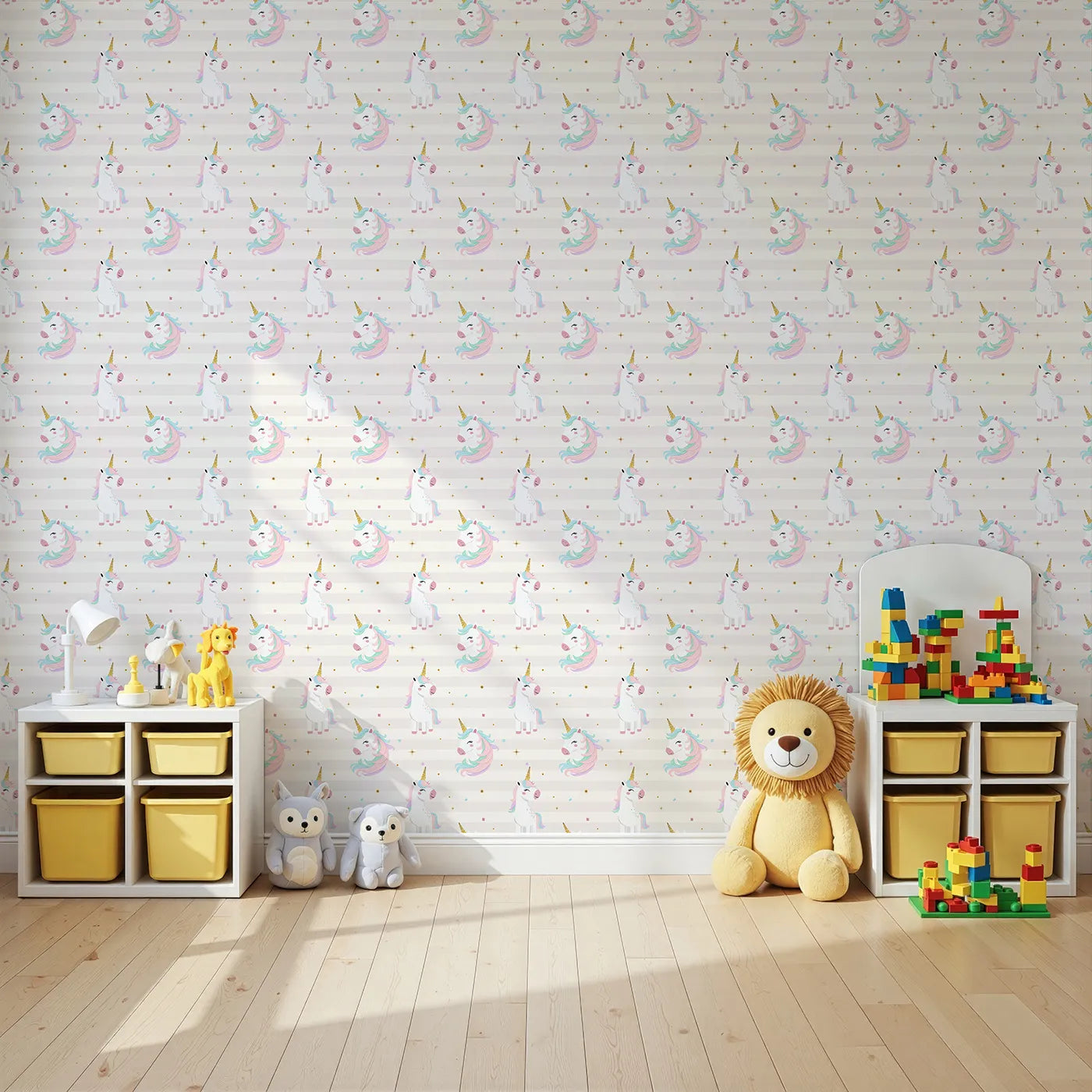 Angled view of Whimsy Tots' Glitter Unicorn Party Wallpaper in Purple (W2313).Where every day is a party with the most enchanting unicorns.
