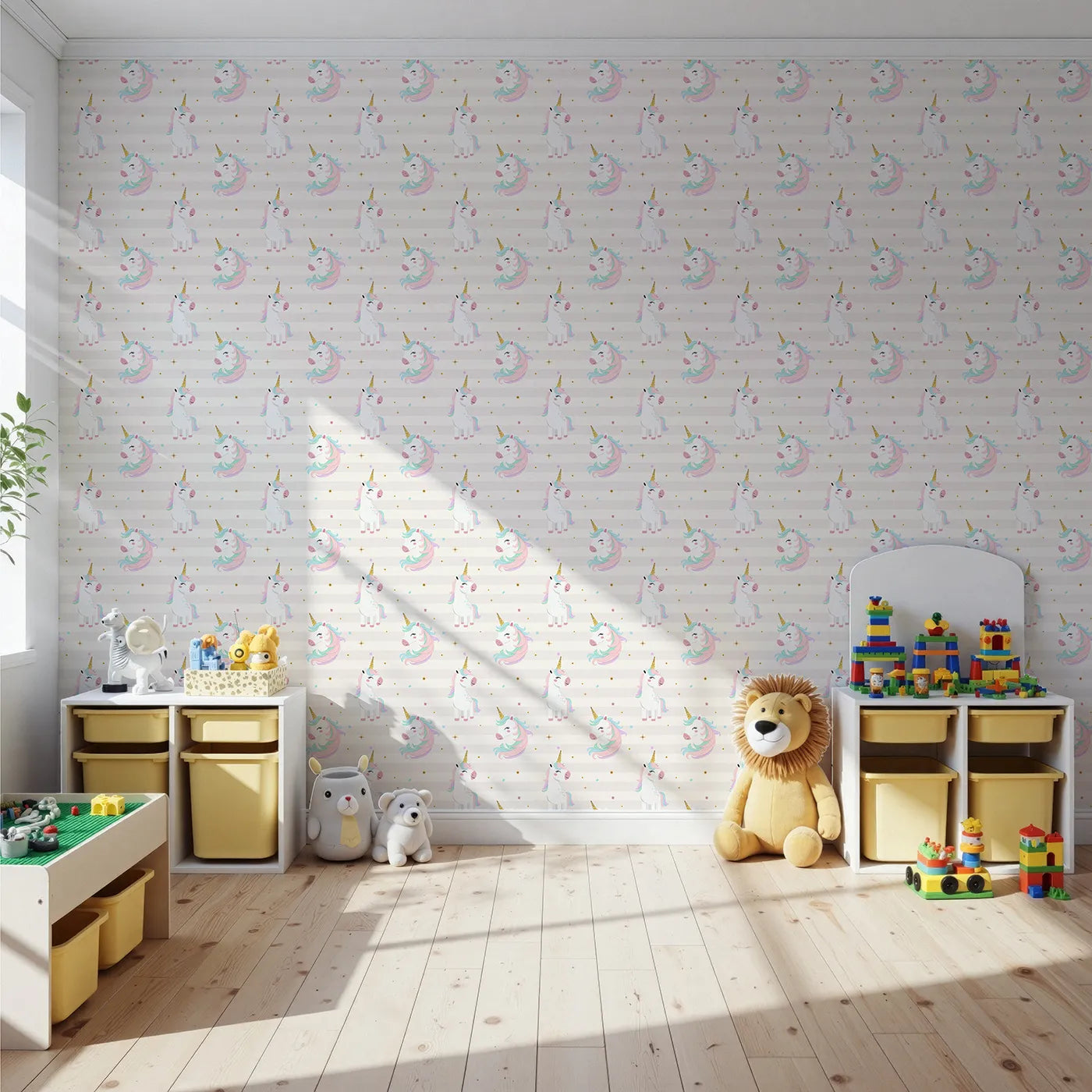 Front view of Whimsy Tots' Glitter Unicorn Party Wallpaper in Purple