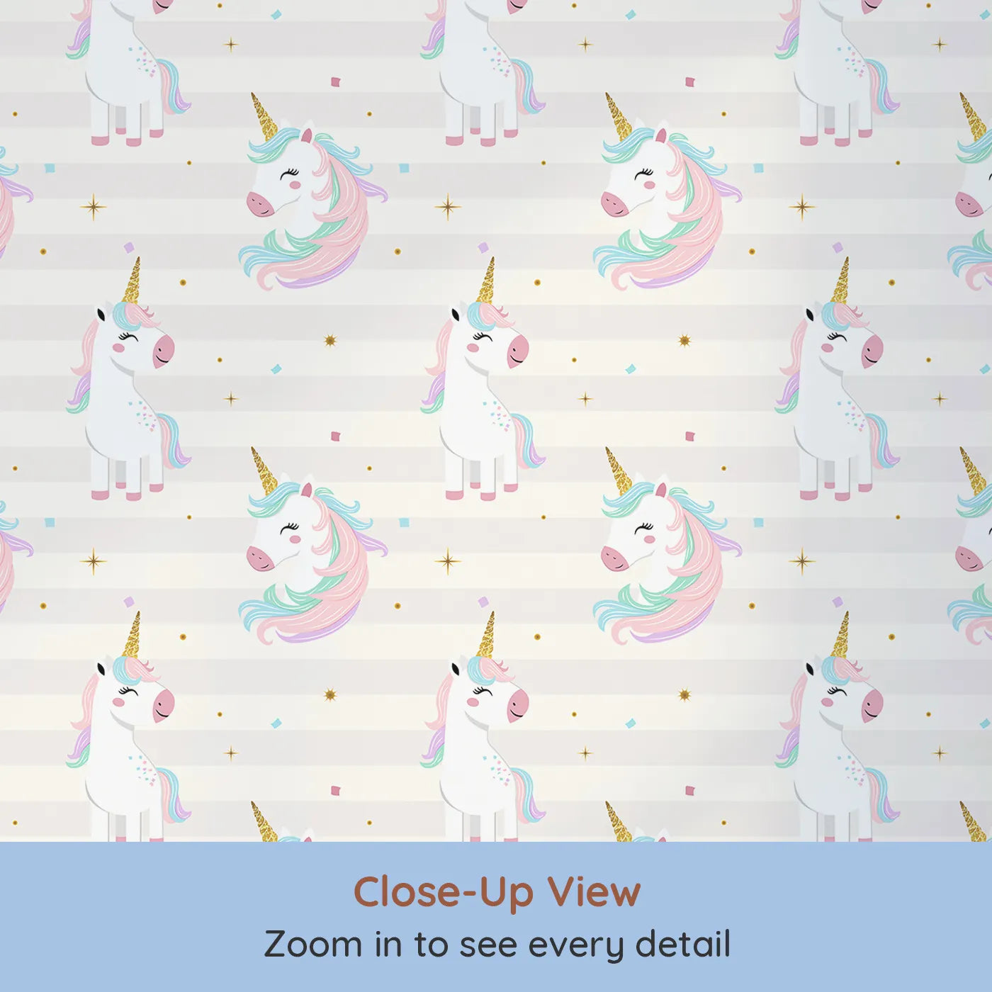 Close-up view of Whimsy Tots' Glitter Unicorn Party Wallpaper in Purple (W2313).Where every day is a party with the most enchanting unicorns.