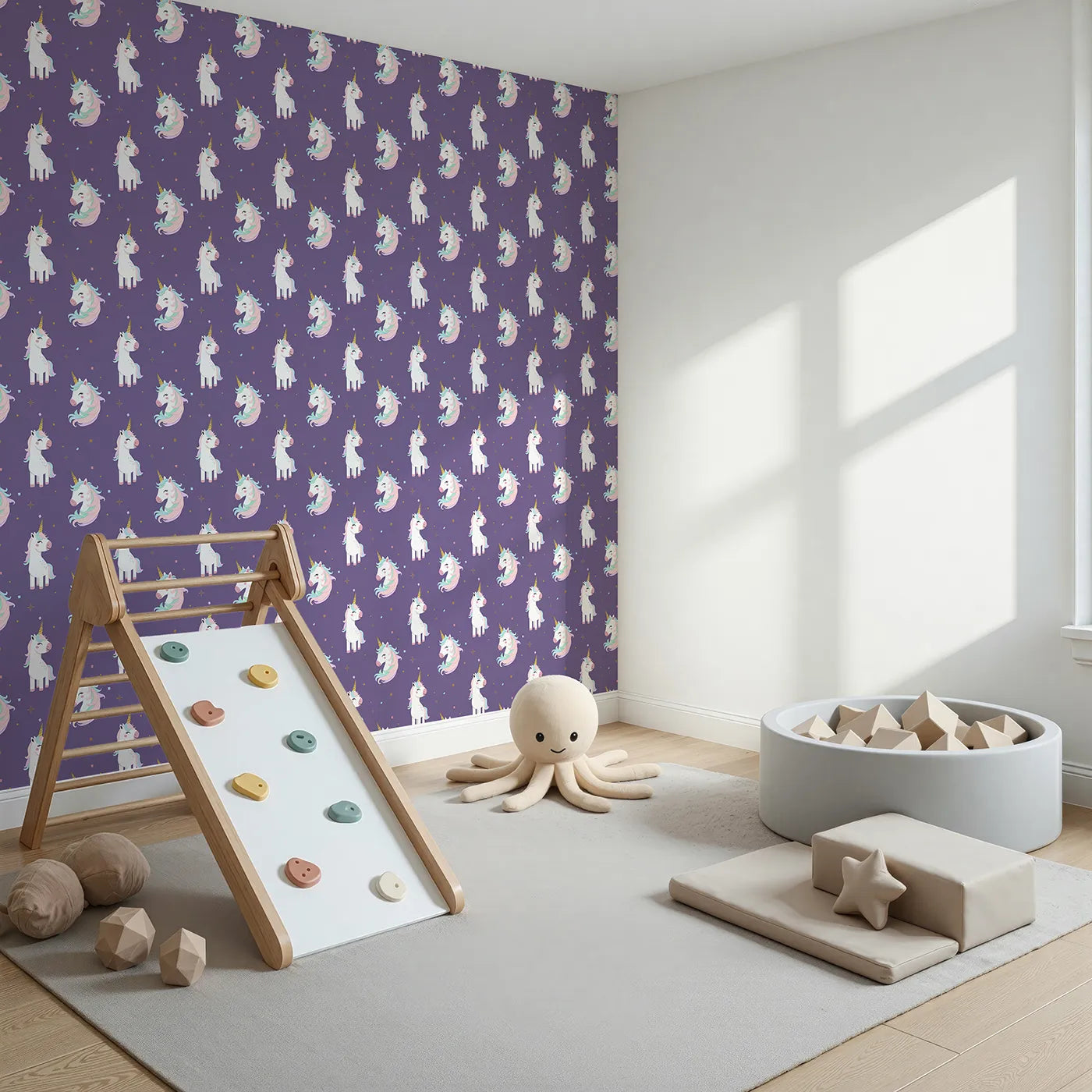 Angled view of Whimsy Tots' Glitter Unicorn Party Wallpaper in Beige (W2314).Where every day is a party with the most enchanting unicorns.
