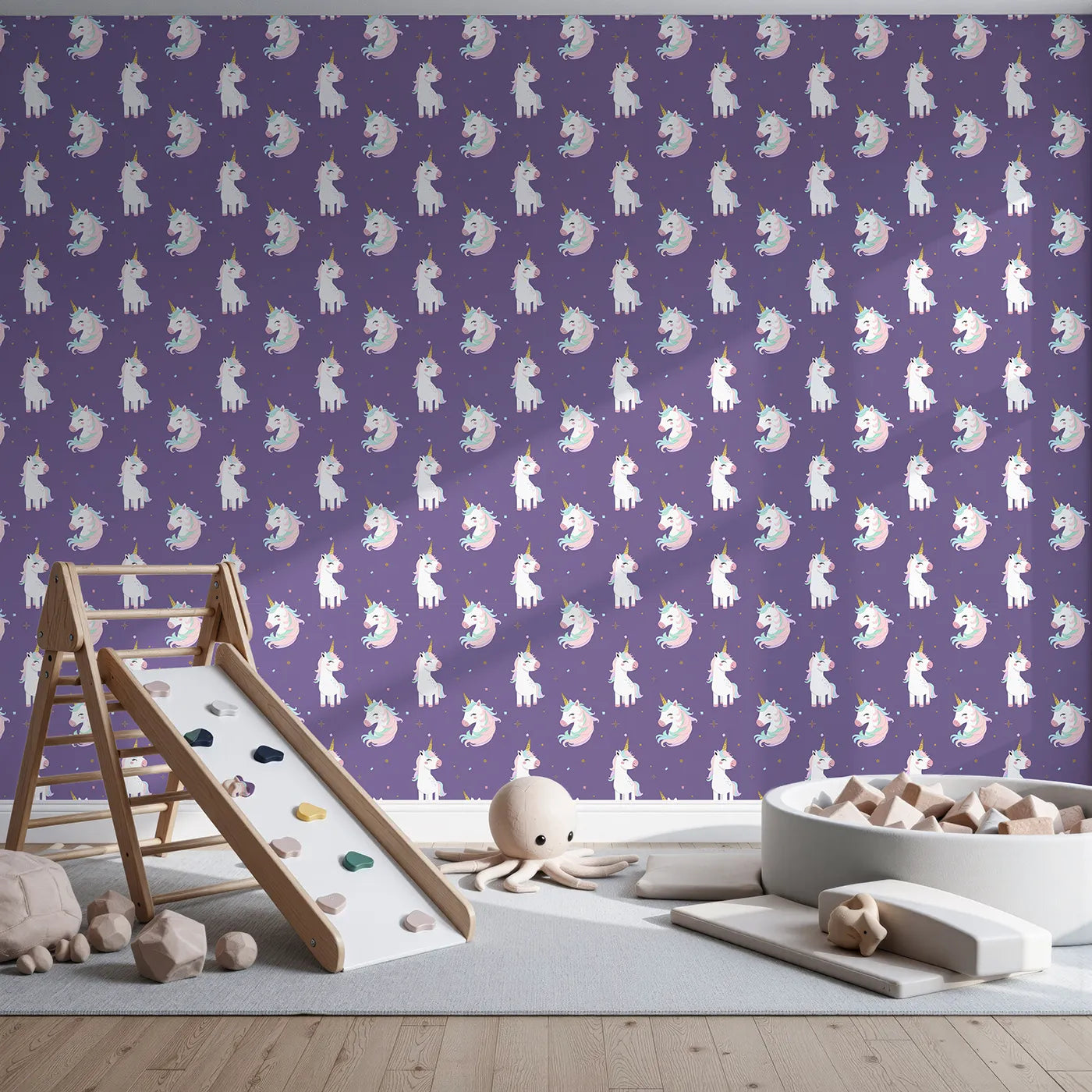 Front view of Whimsy Tots' Glitter Unicorn Party Wallpaper in Beige