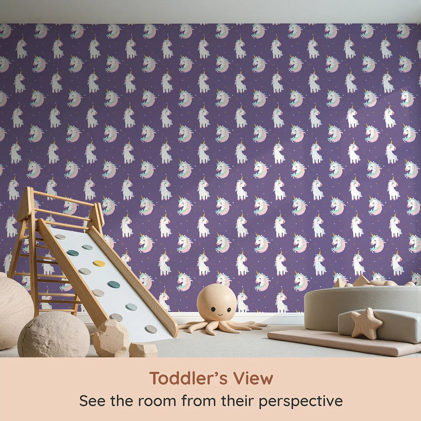 Whimsy Tots Glitter Unicorn Party Wallpaper in Beige (W2314) from your child's view.Where every day is a party with the most enchanting unicorns.