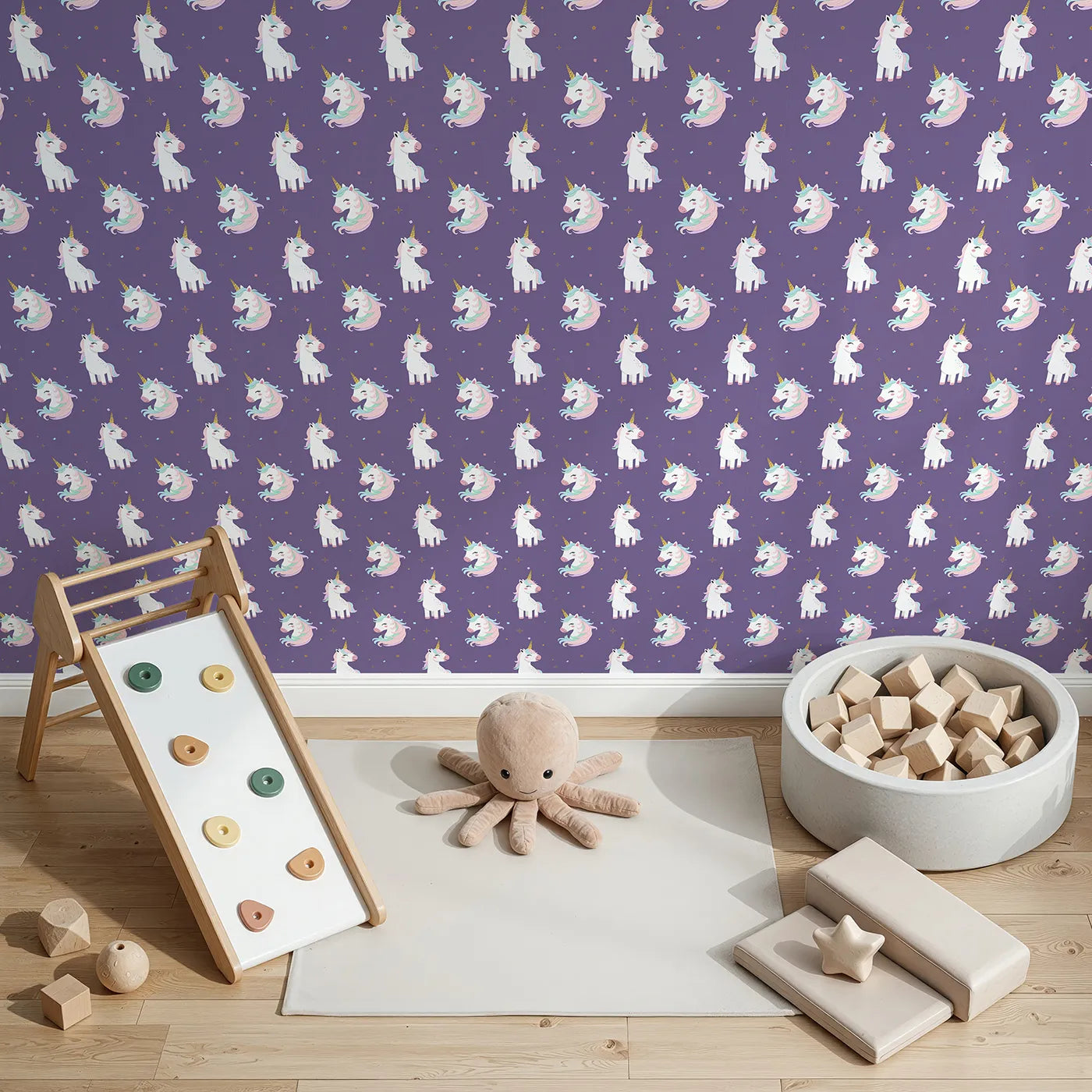 Top-Down view of Whimsy Tots' Glitter Unicorn Party Wallpaper in Beige (W2314).Where every day is a party with the most enchanting unicorns.