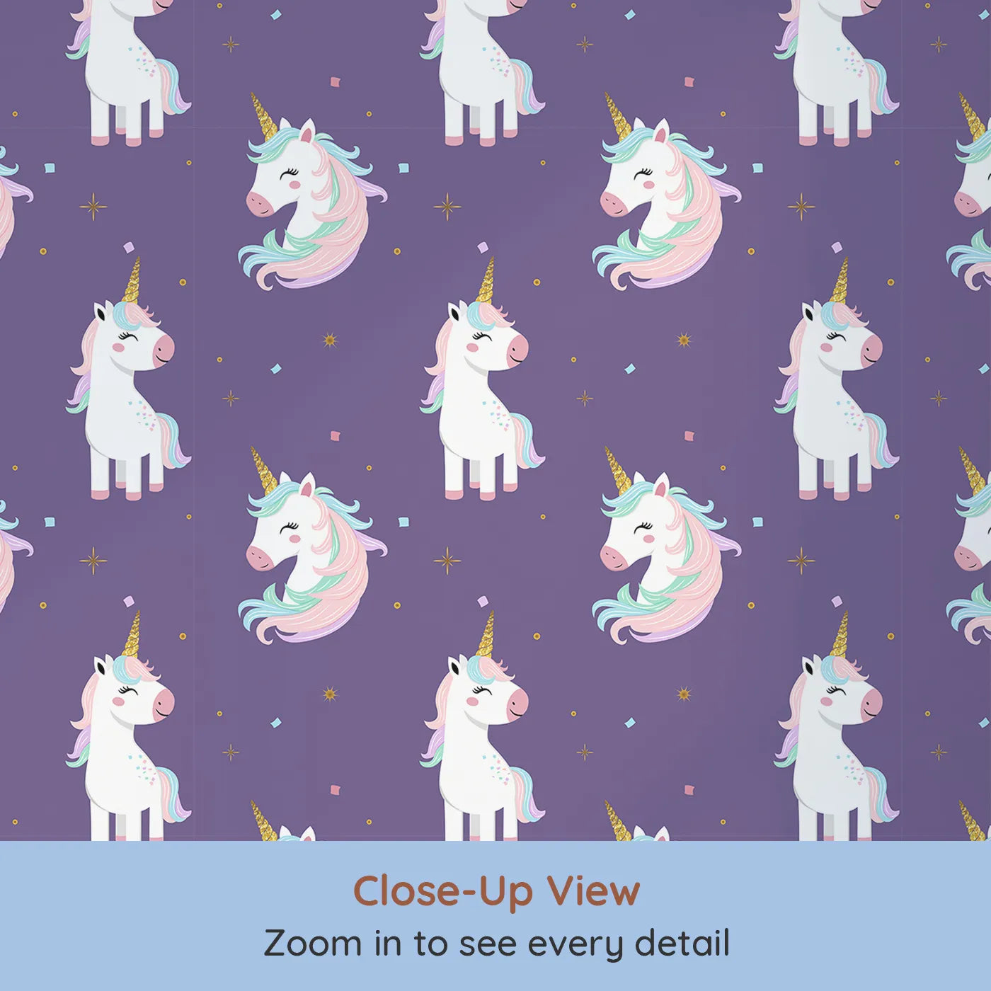 Close-up view of Whimsy Tots' Glitter Unicorn Party Wallpaper in Beige (W2314).Where every day is a party with the most enchanting unicorns.