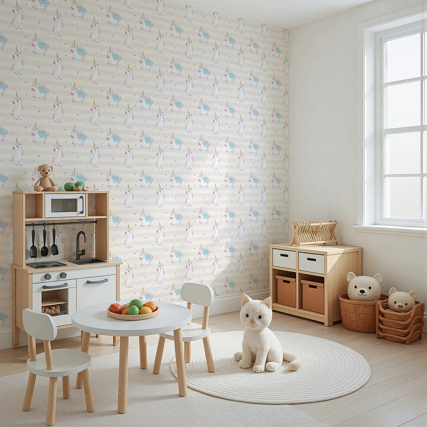 Angled view of Whimsy Tots' Flying Unicorn Party Wallpaper (W2315).Where every day is a party with the most enchanting unicorns.