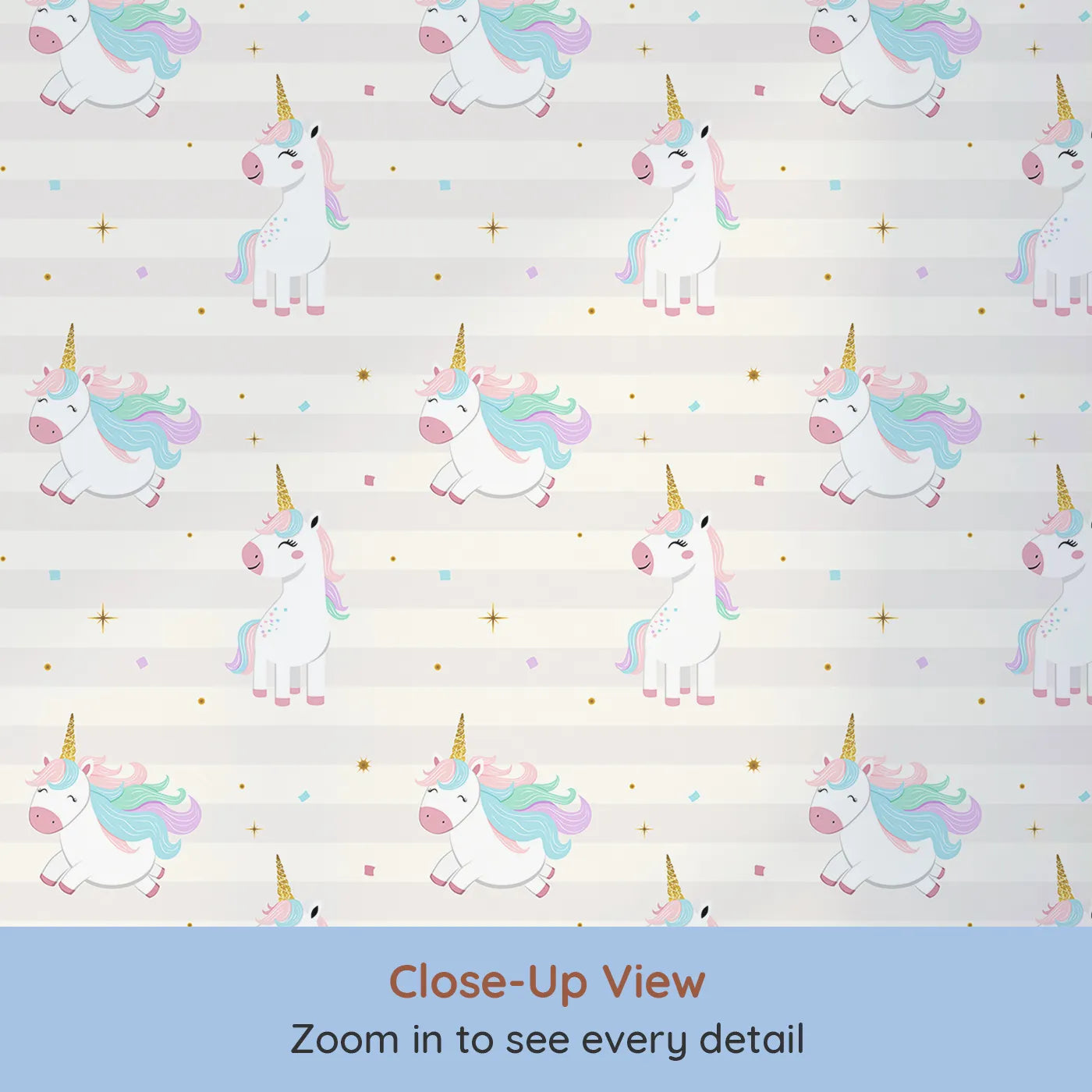 Close-up view of Whimsy Tots' Flying Unicorn Party Wallpaper (W2315).Where every day is a party with the most enchanting unicorns.