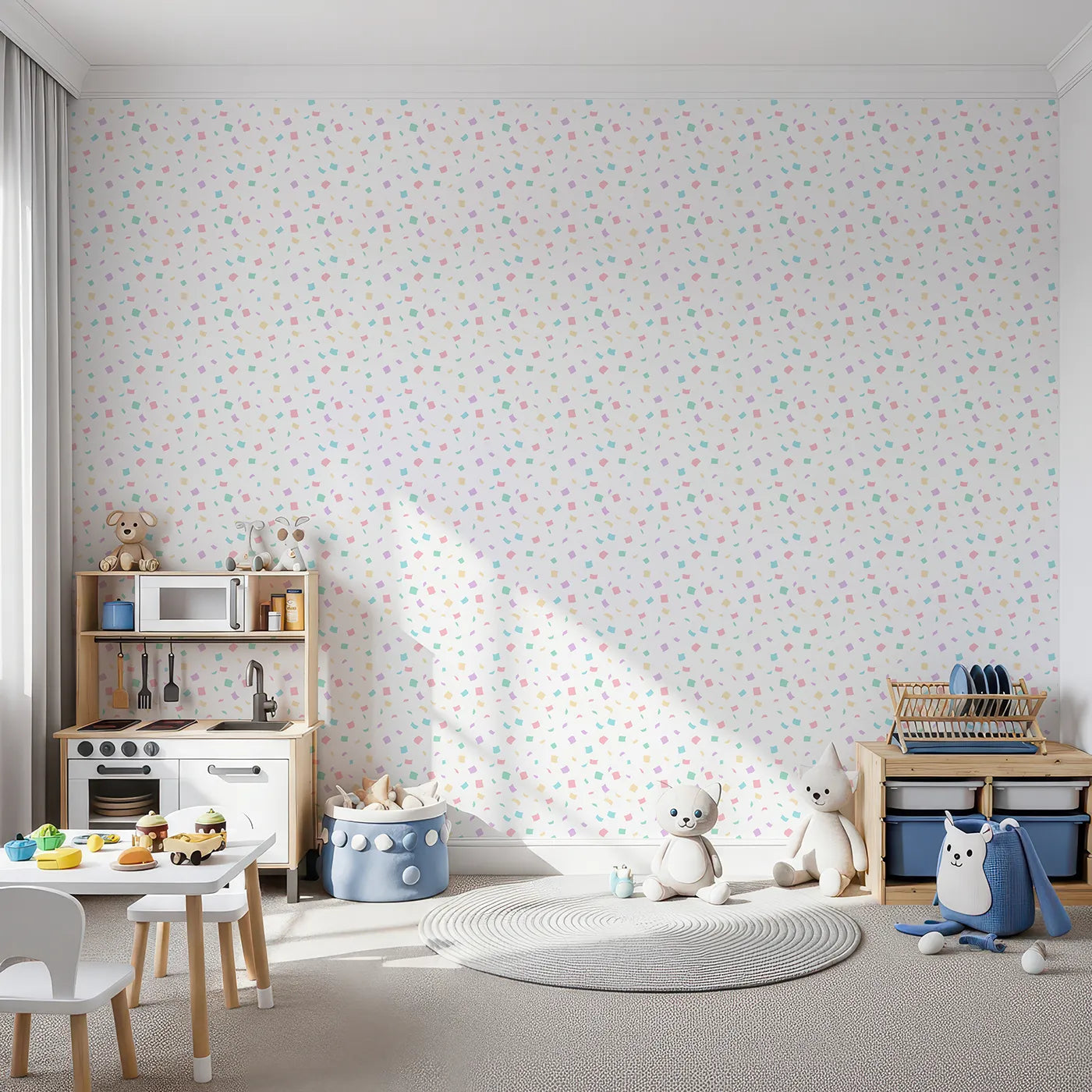 Front view of Whimsy Tots' Pastel Confetti Celebration Wallpaper