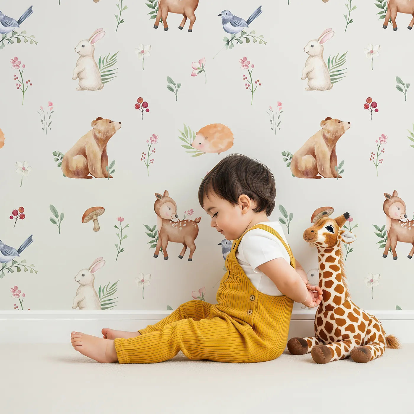 Lovely child standing in front of Whimsy Tots Watercolor Woodland Meadow Wallpaper with woodland, animal, watercolor, bear, deer in design.