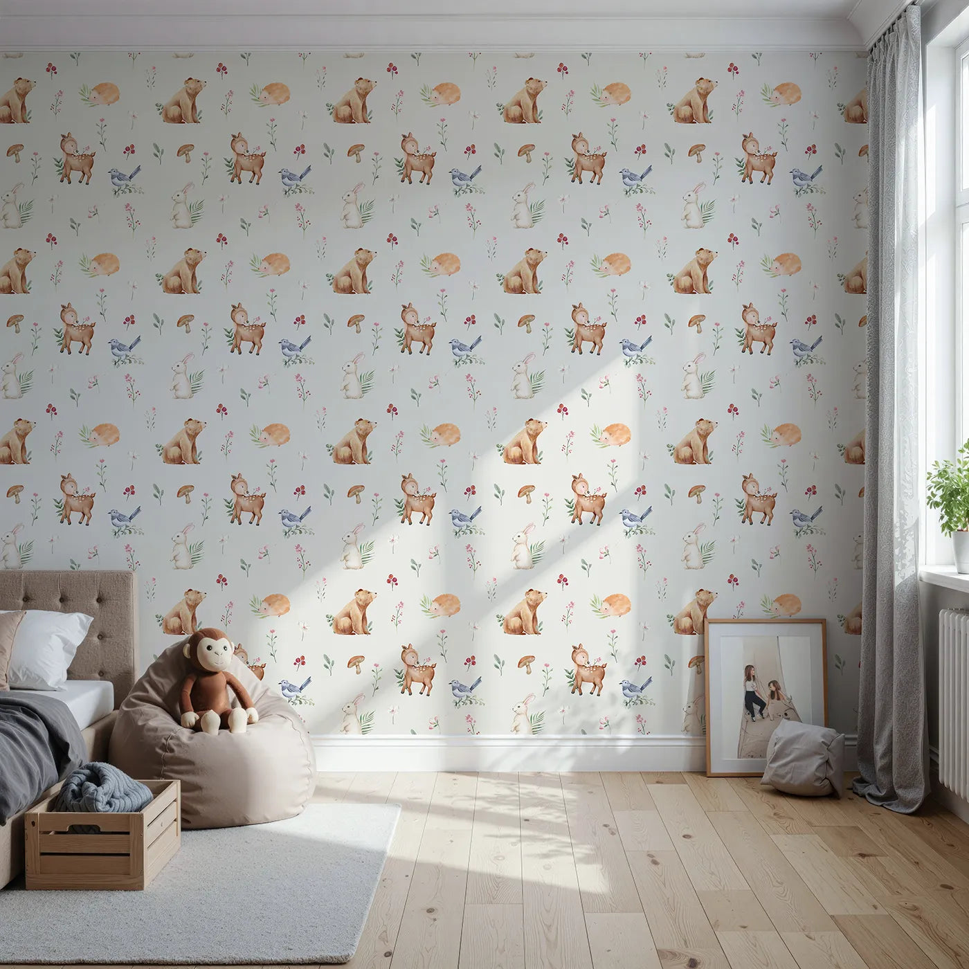 Front view of Whimsy Tots' Watercolor Woodland Meadow Wallpaper
