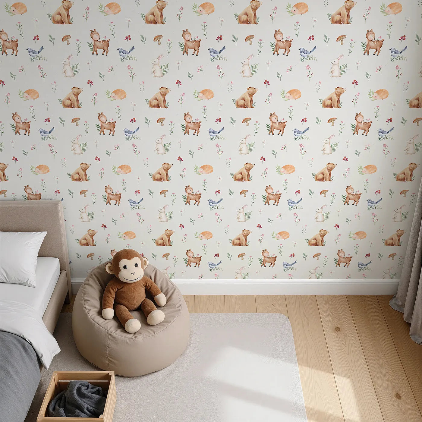 Top-Down view of Whimsy Tots' Watercolor Woodland Meadow Wallpaper (W2317).Where the sweetest woodland animals gather among the flowers.