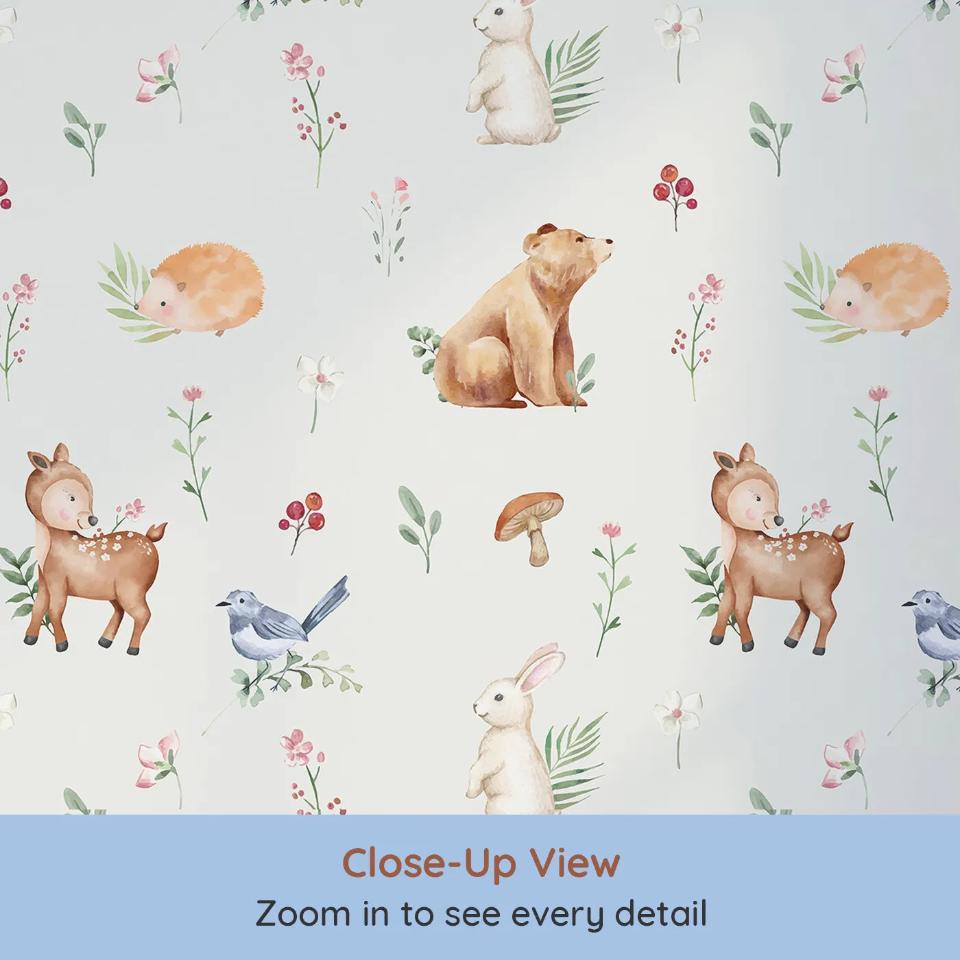 Close-up view of Whimsy Tots' Watercolor Woodland Meadow Wallpaper (W2317).Where the sweetest woodland animals gather among the flowers.