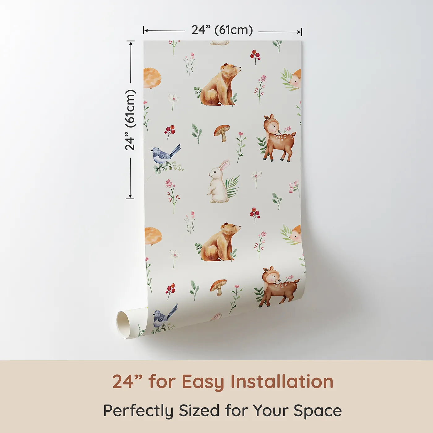 Dimension view of Whimsy Tots Watercolor Woodland Meadow Wallpaper (W2317). Printed in 24-inch-wide panel for easy installation. Where the sweetest woodland animals gather among the flowers.