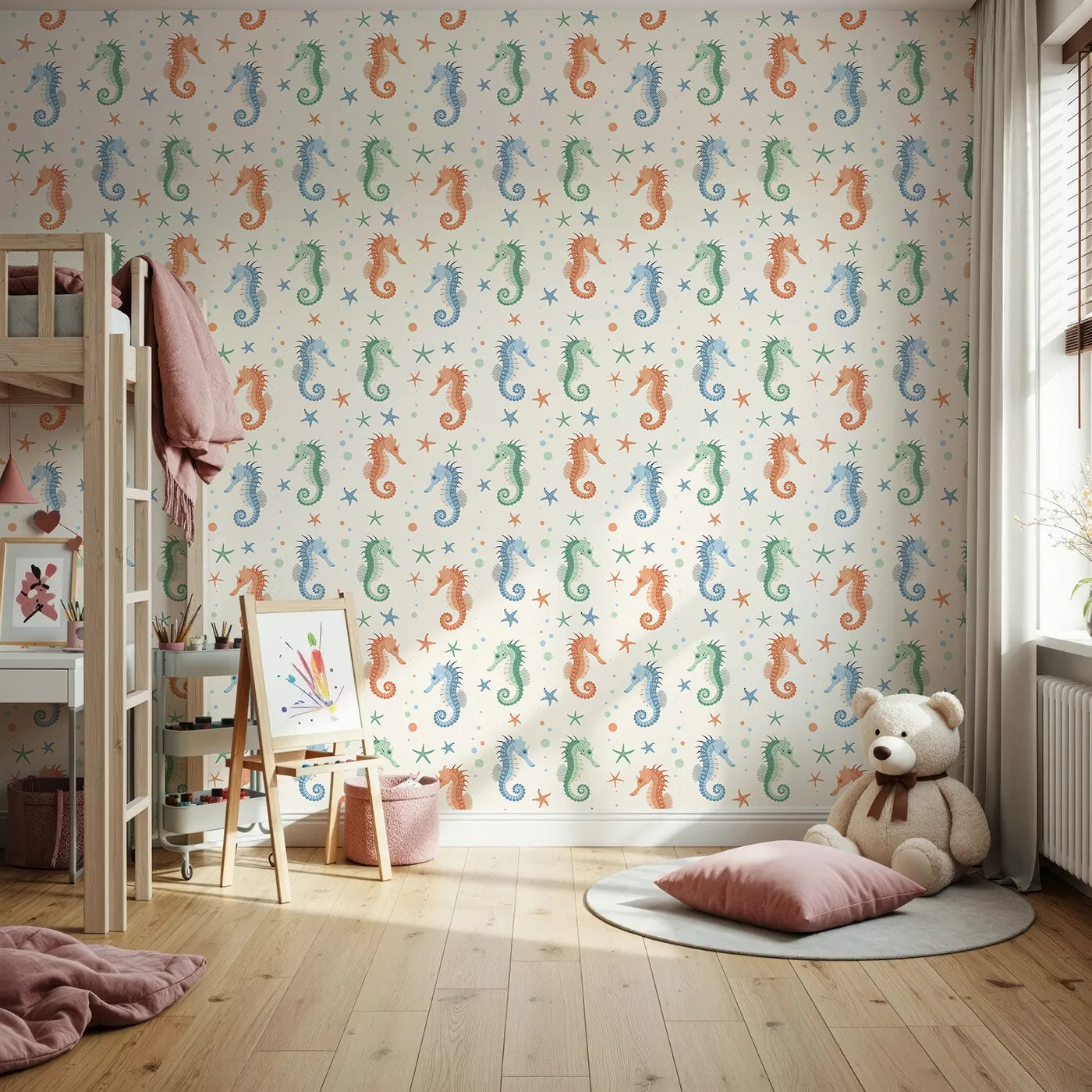 Front view of Whimsy Tots' Colorful Seahorse Family Wallpaper