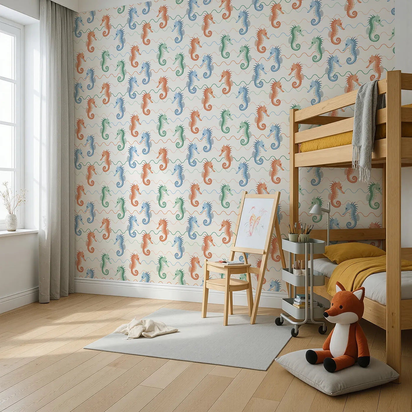 Angled view of Whimsy Tots' Wavy Seahorse Friends Wallpaper (W2320).Where colorful seahorses ride the gentle, rolling waves.