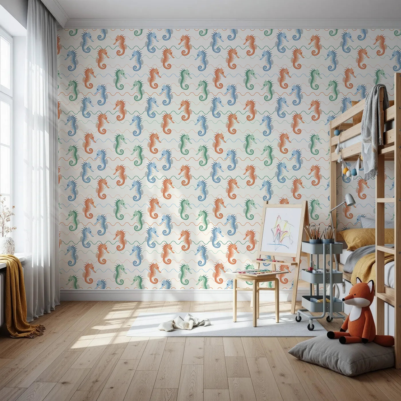 Front view of Whimsy Tots' Wavy Seahorse Friends Wallpaper