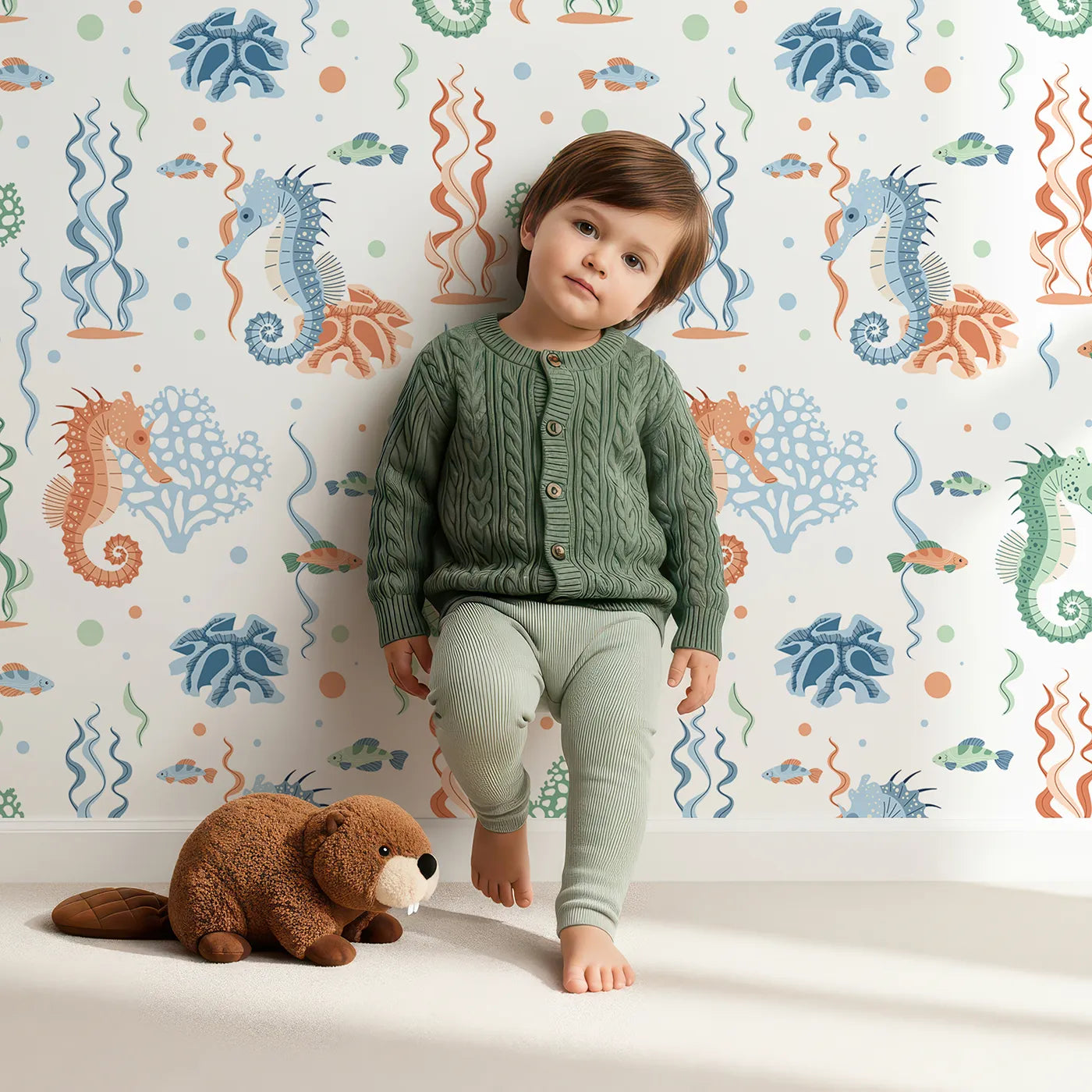 Lovely child standing in front of Whimsy Tots Seahorse Coral Garden Wallpaper with seahorse, coral, seaweed, ocean, fish in design.
