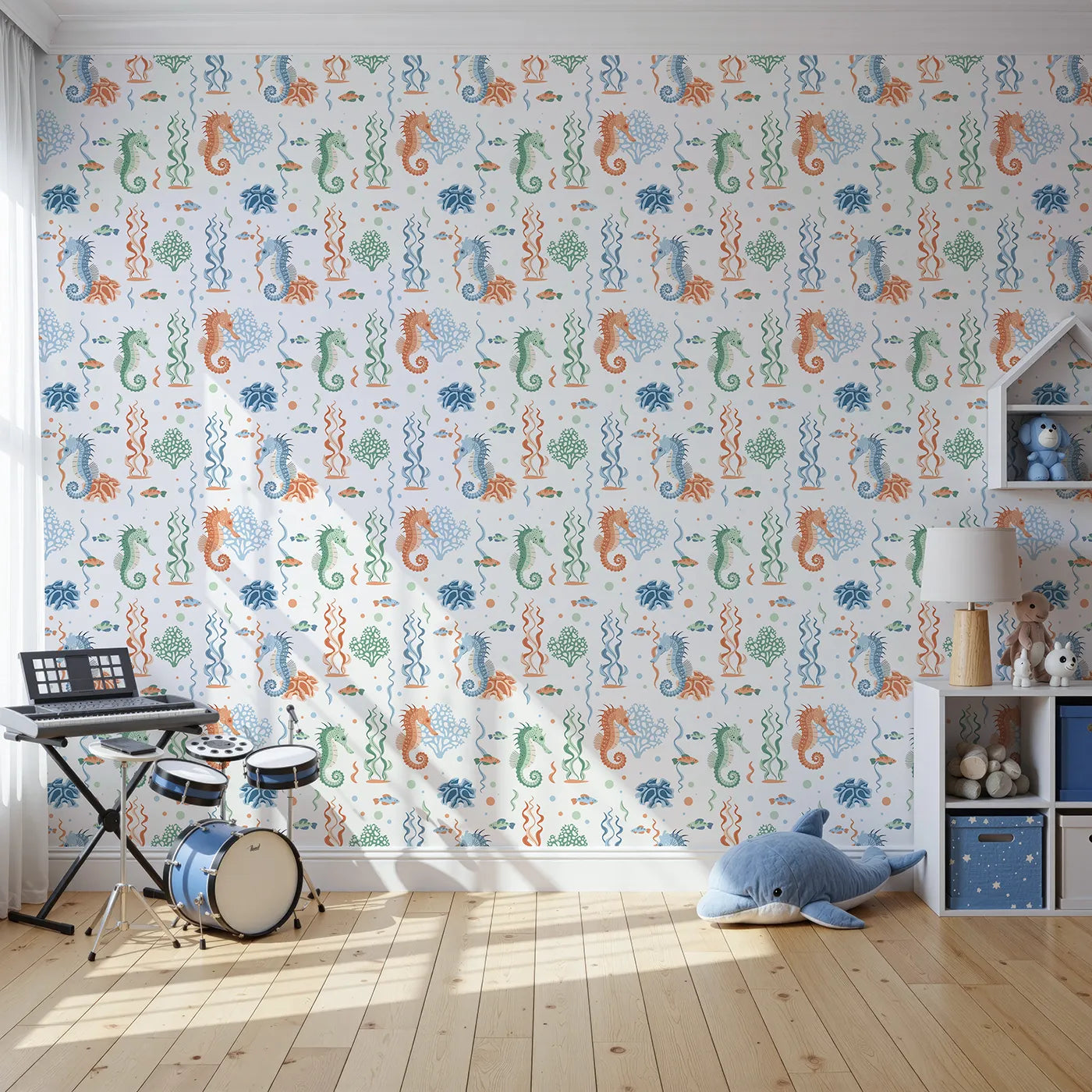 Front view of Whimsy Tots' Seahorse Coral Garden Wallpaper
