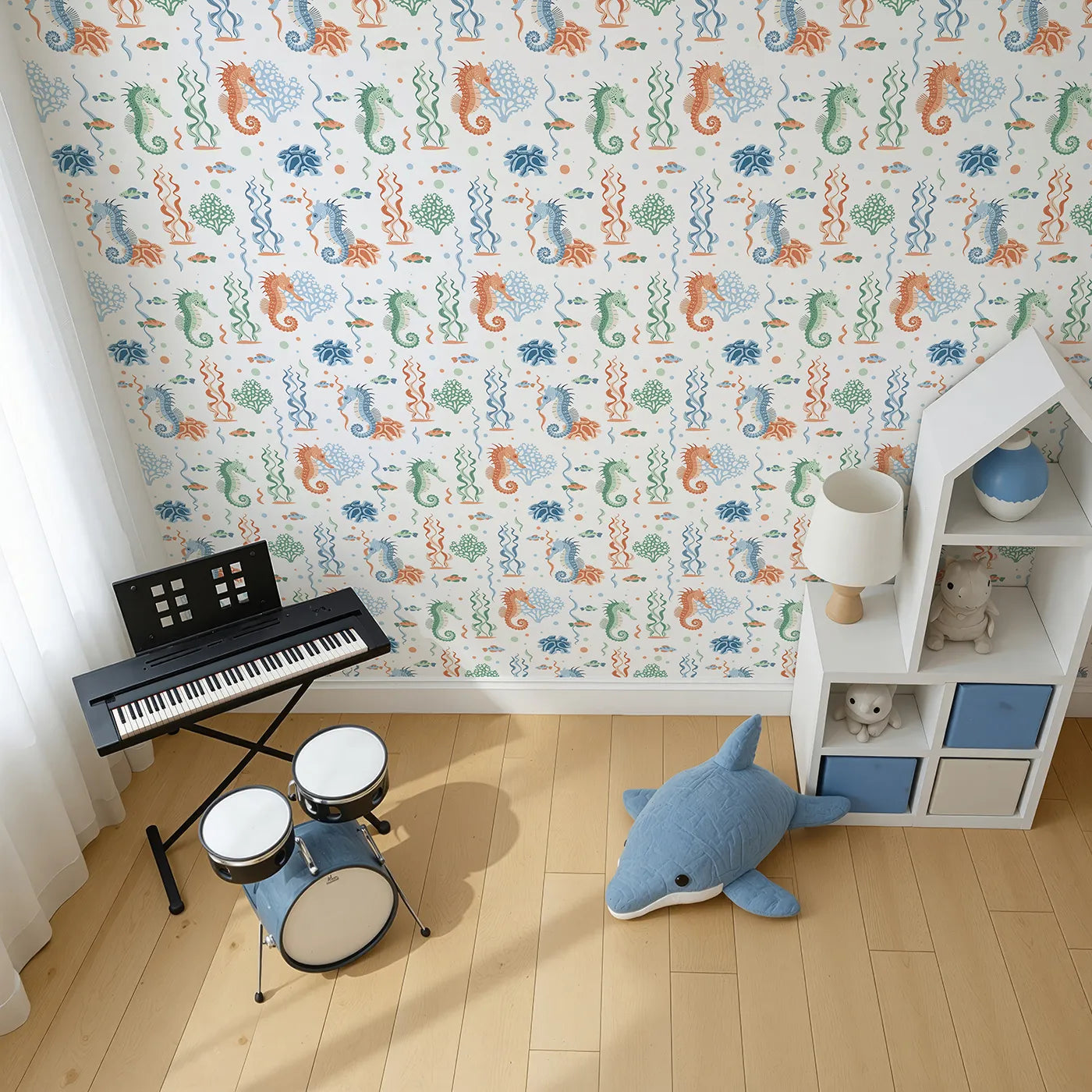 Top-Down view of Whimsy Tots' Seahorse Coral Garden Wallpaper (W2321).Where colorful seahorses play hide-and-seek among the seaweed.