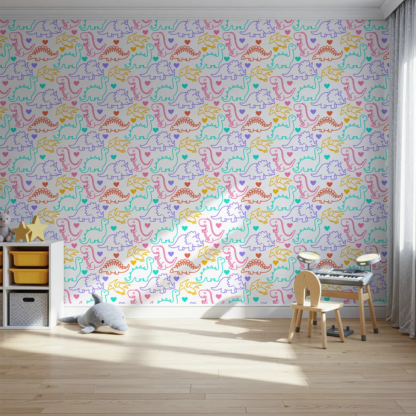 Front view of Whimsy Tots' Neon Dino Love Wallpaper