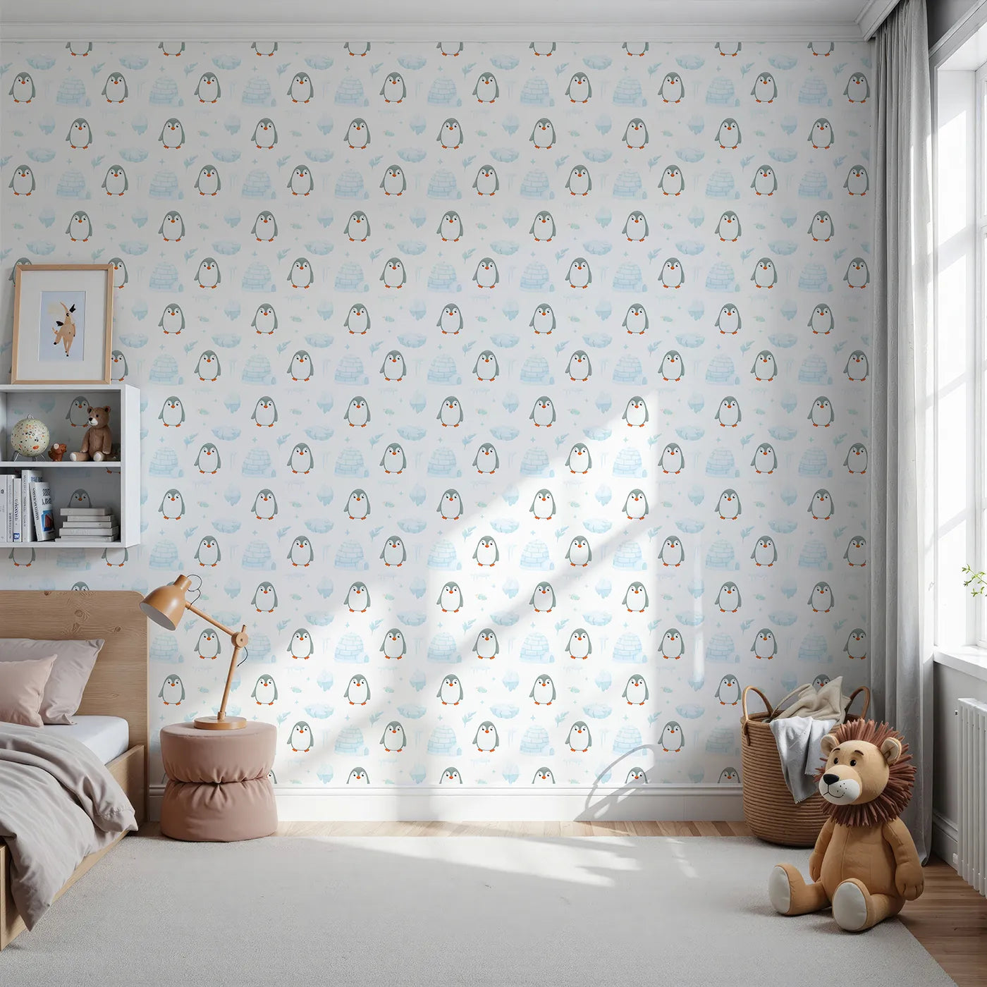 Front view of Whimsy Tots' Arctic Penguin Playground Wallpaper