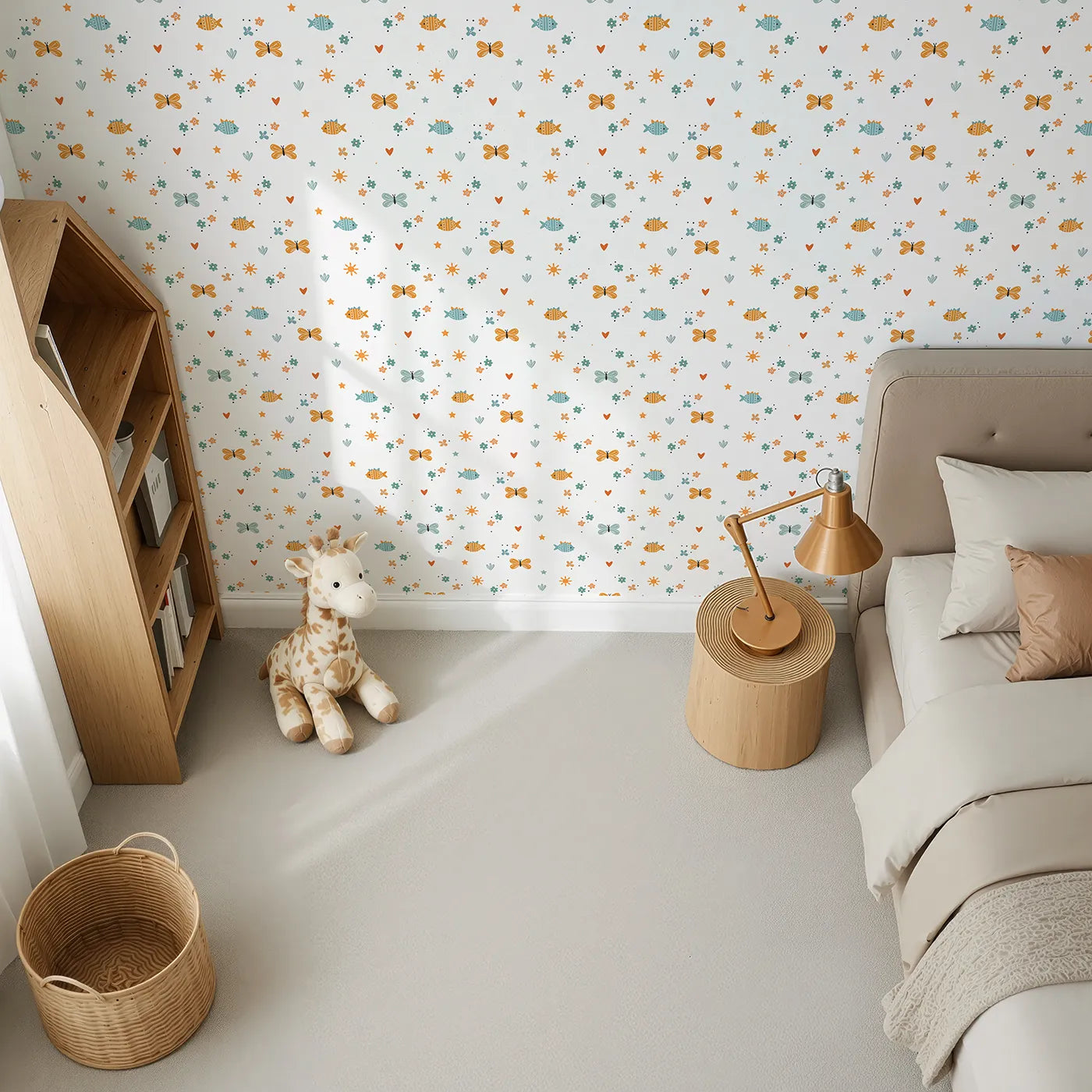 Top-Down view of Whimsy Tots' Whimsical Meadow Friends Wallpaper (W2324).Where the sweetest little creatures play among the flowers.