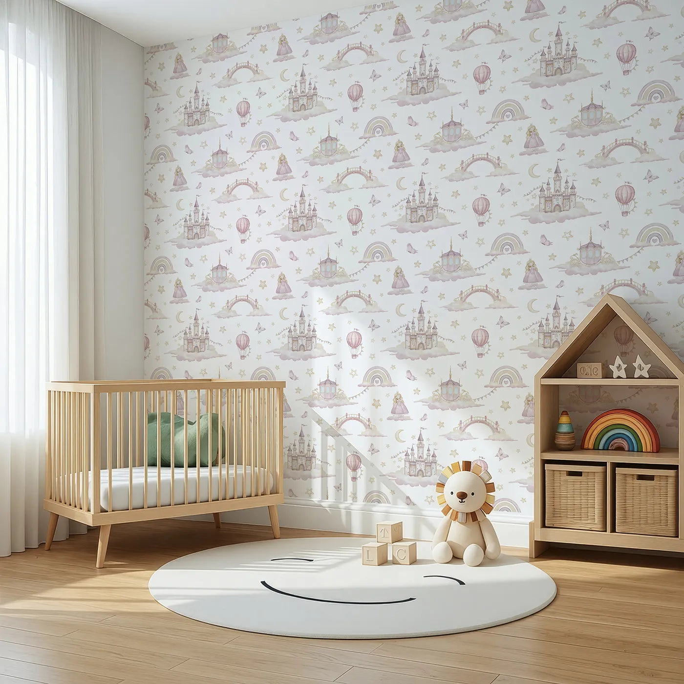 Angled view of Whimsy Tots' Princess Sky Kingdom Wallpaper (W2325).Where a beautiful princess lives in a castle in the clouds.