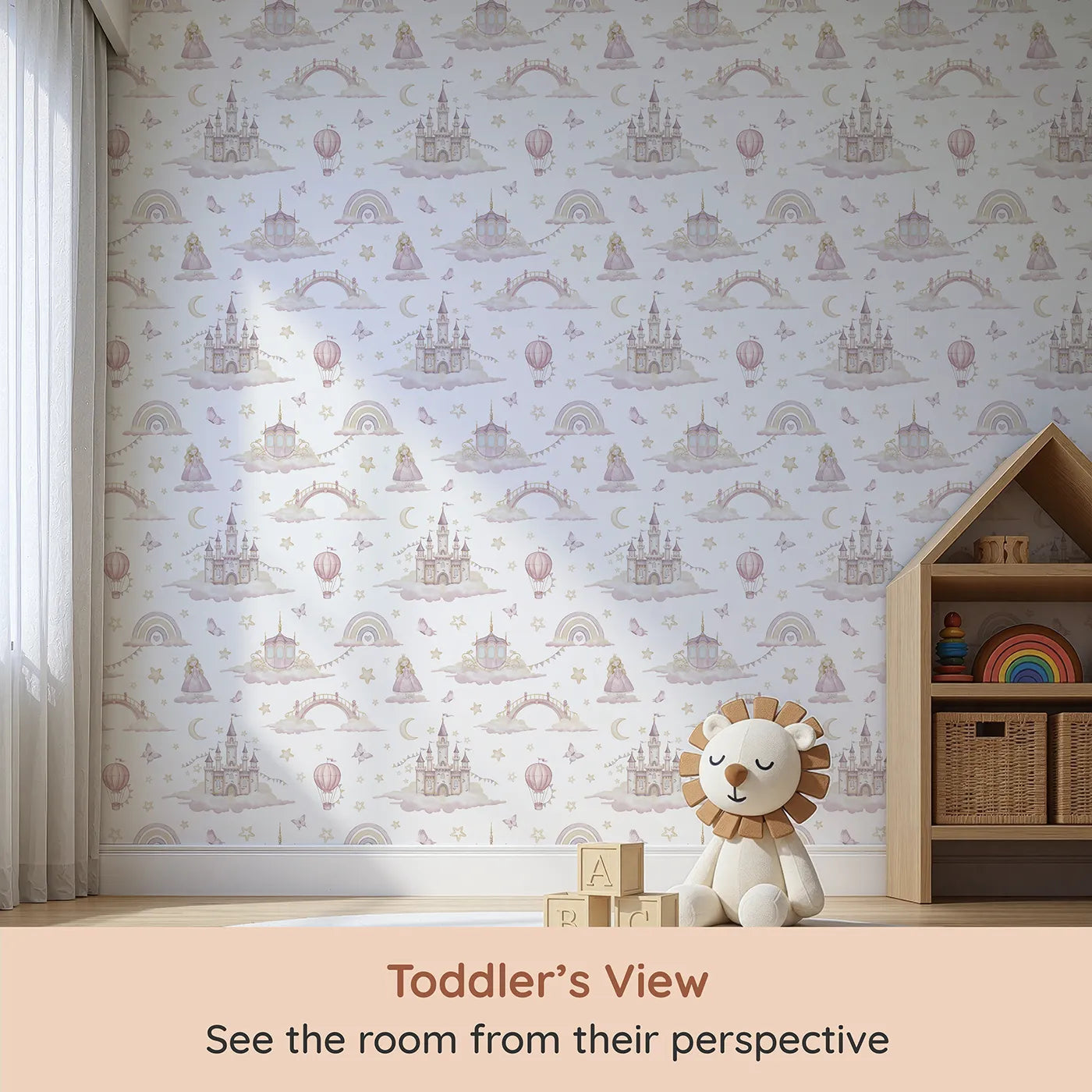 Whimsy Tots Princess Sky Kingdom Wallpaper (W2325) from your child's view.Where a beautiful princess lives in a castle in the clouds.