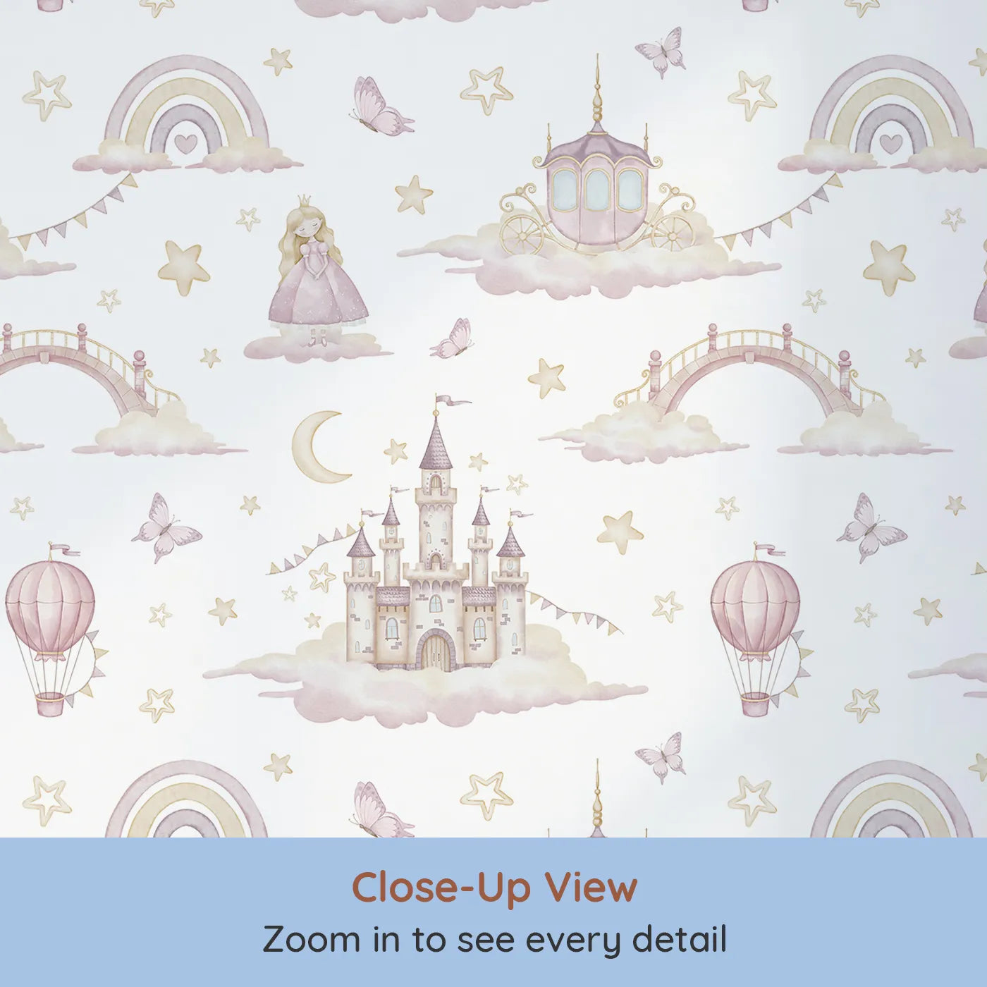 Close-up view of Whimsy Tots' Princess Sky Kingdom Wallpaper (W2325).Where a beautiful princess lives in a castle in the clouds.