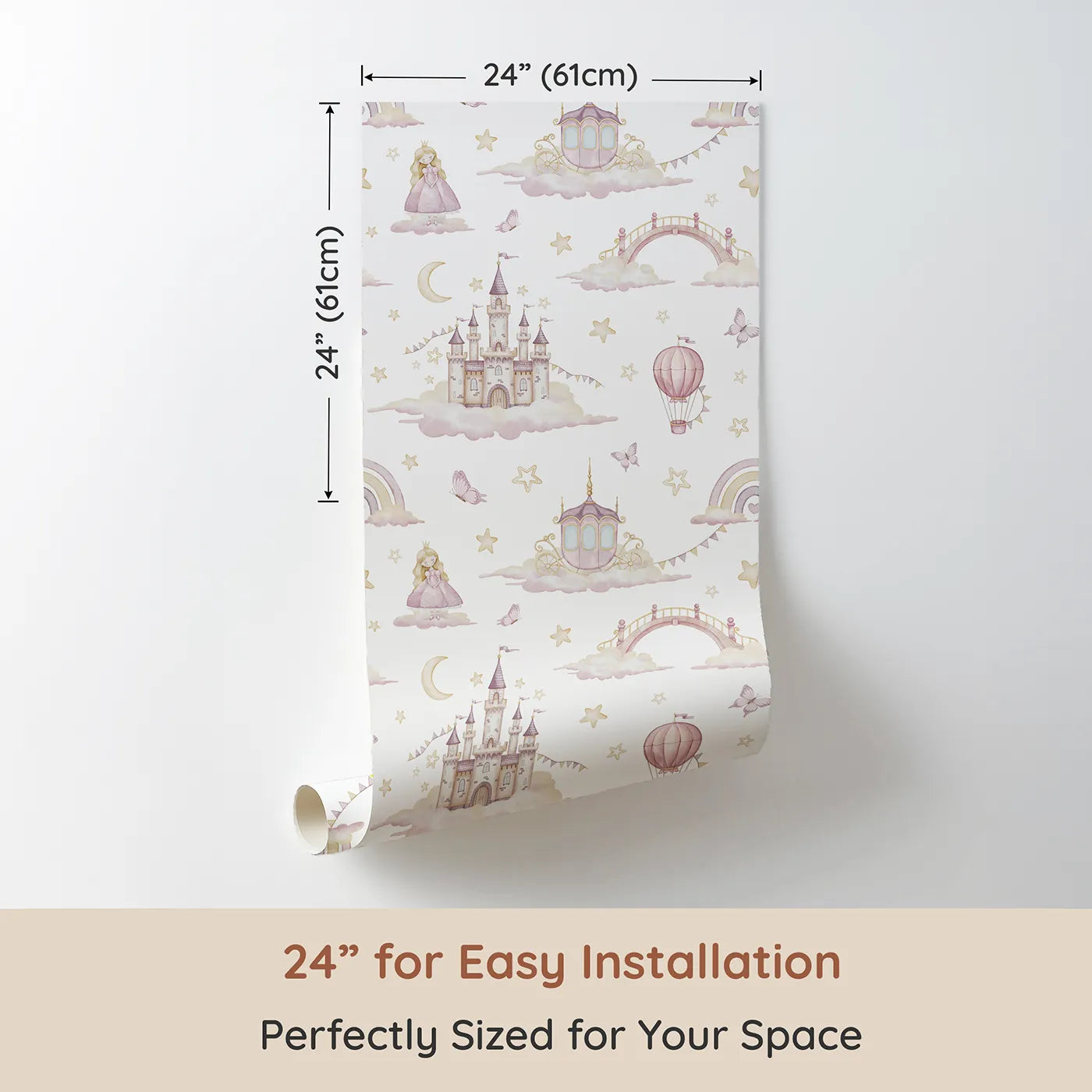 Dimension view of Whimsy Tots Princess Sky Kingdom Wallpaper (W2325). Printed in 24-inch-wide panel for easy installation. Where a beautiful princess lives in a castle in the clouds.