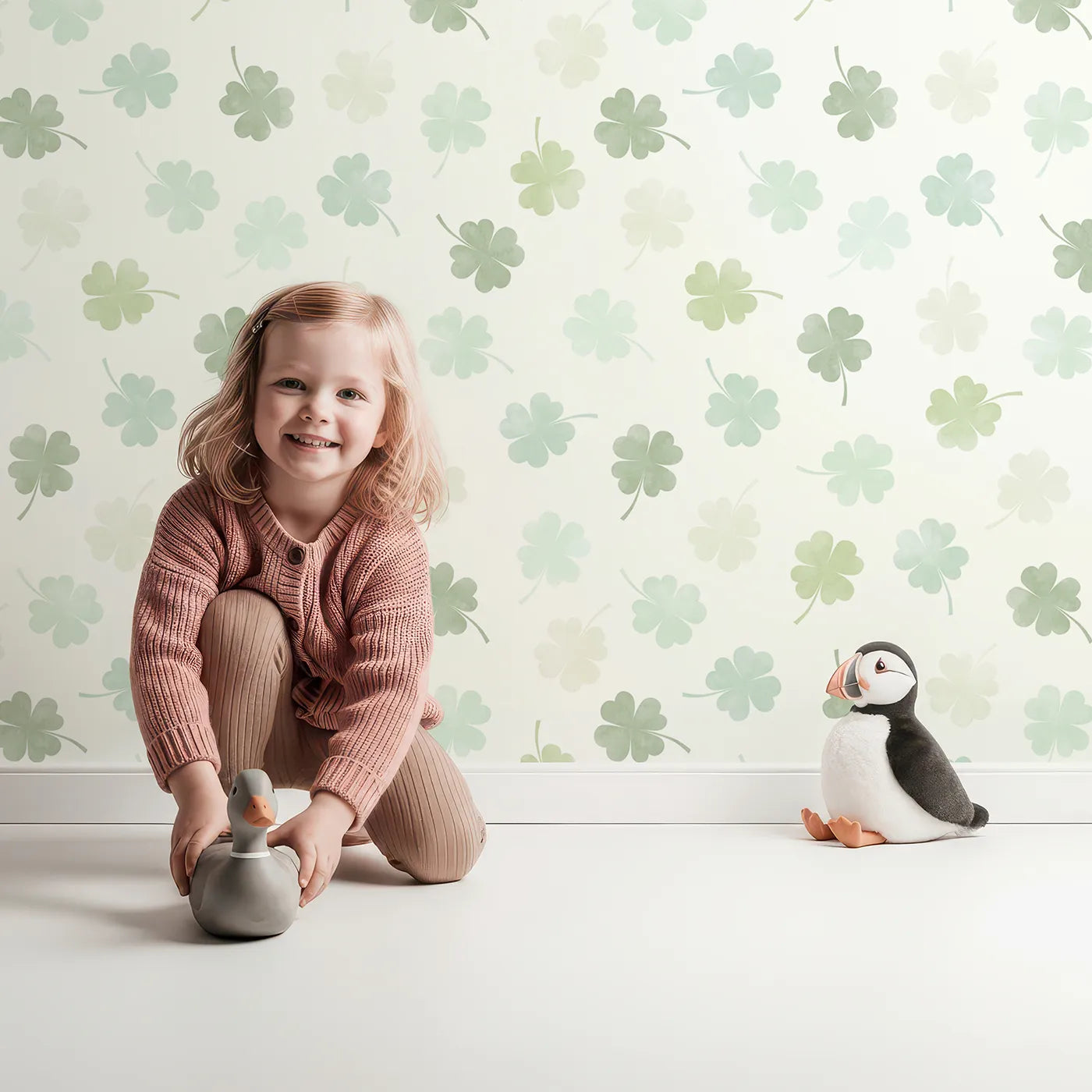 Lovely child standing in front of Whimsy Tots Watercolor Shamrock Wallpaper with shamrock, clover, green, watercolor, luck in design.