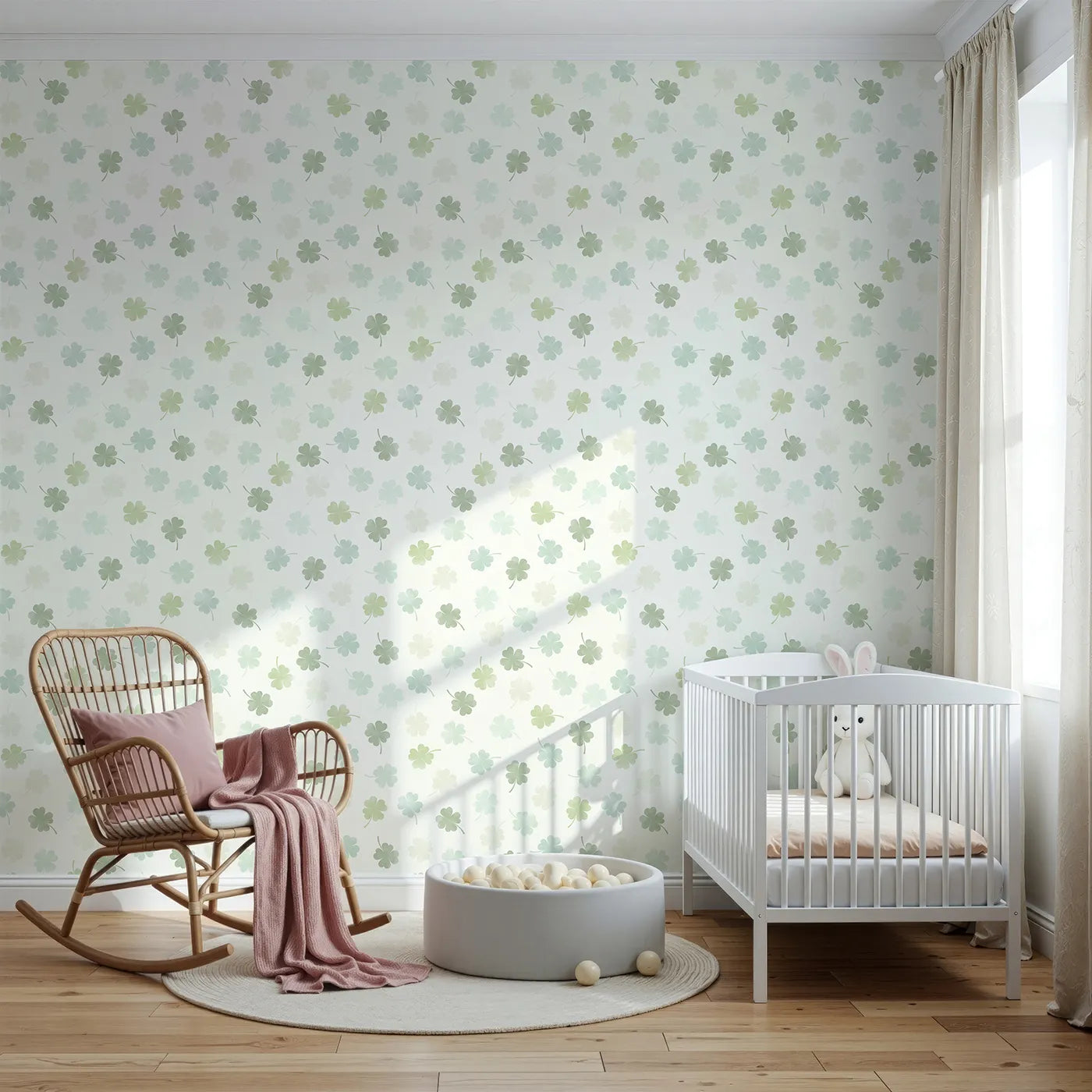 Front view of Whimsy Tots' Watercolor Shamrock Wallpaper
