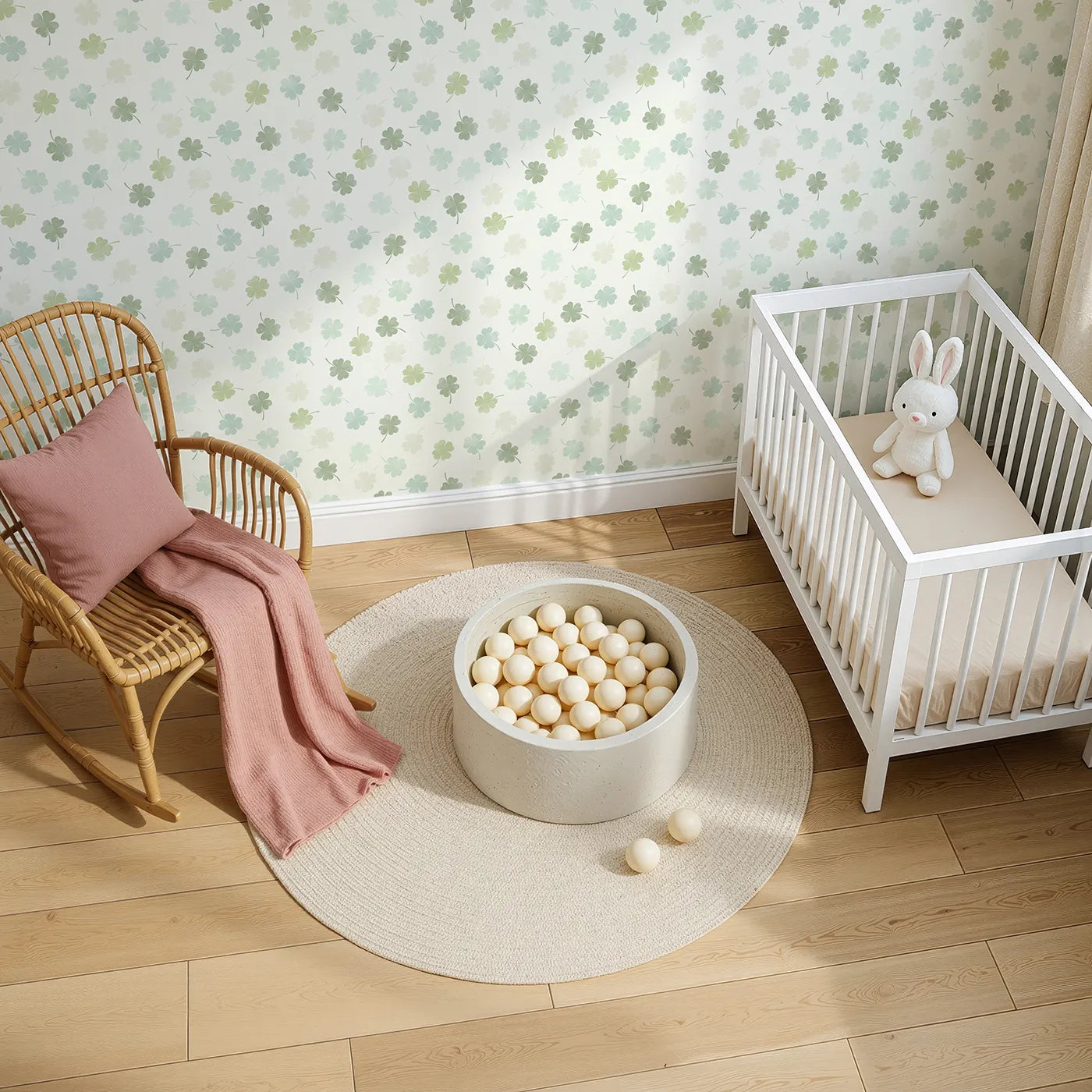 Top-Down view of Whimsy Tots' Watercolor Shamrock Wallpaper (W2326).Where a soft shower of shamrocks brings a touch of magic.