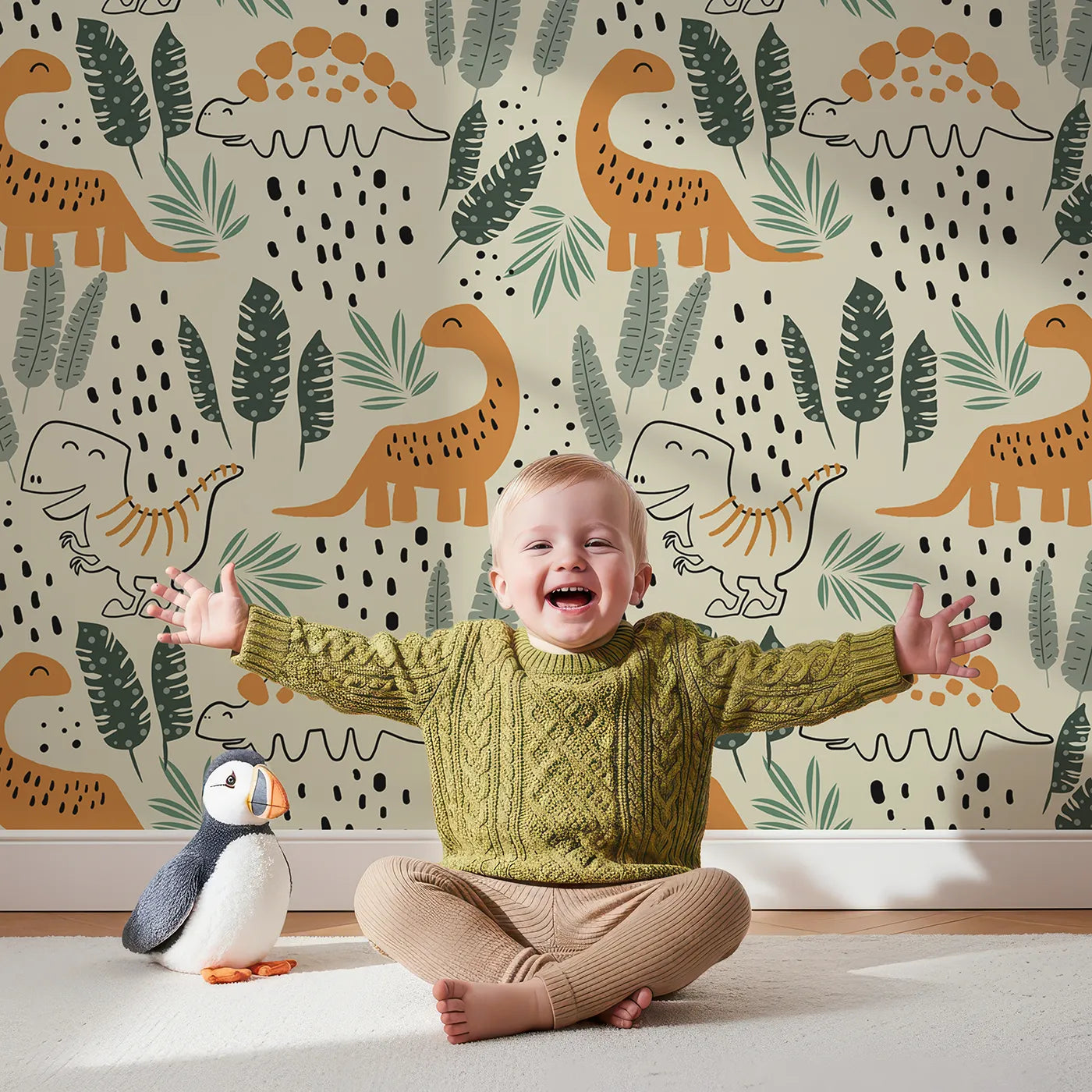 Lovely child standing in front of Whimsy Tots Doodle Dino Jungle Wallpaper with dinosaur, doodle, leaf, tropical, modern in design.