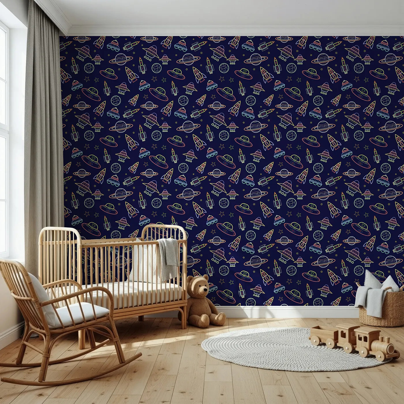 Front view of Whimsy Tots' Neon Outline Space Wallpaper