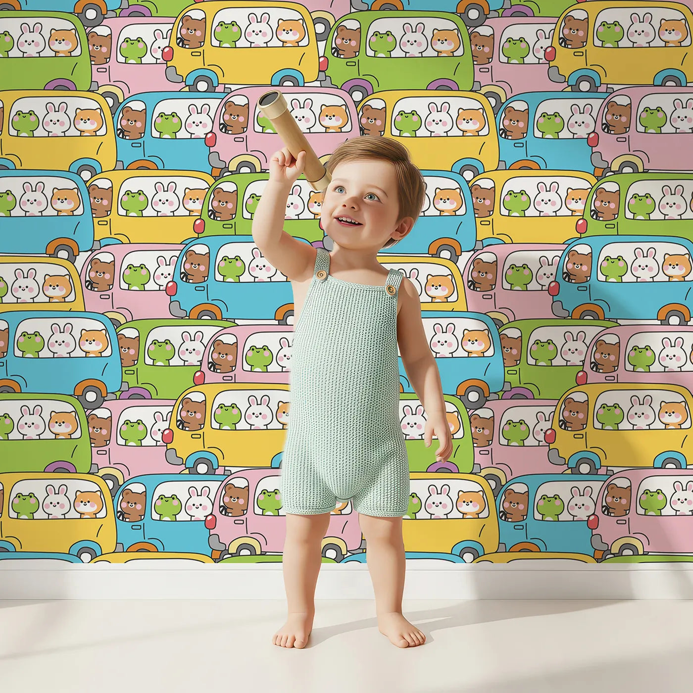 Lovely child standing in front of Whimsy Tots Animal Bus Buddies Wallpaper with bus, animal, cute, kawaii, colorful in design.