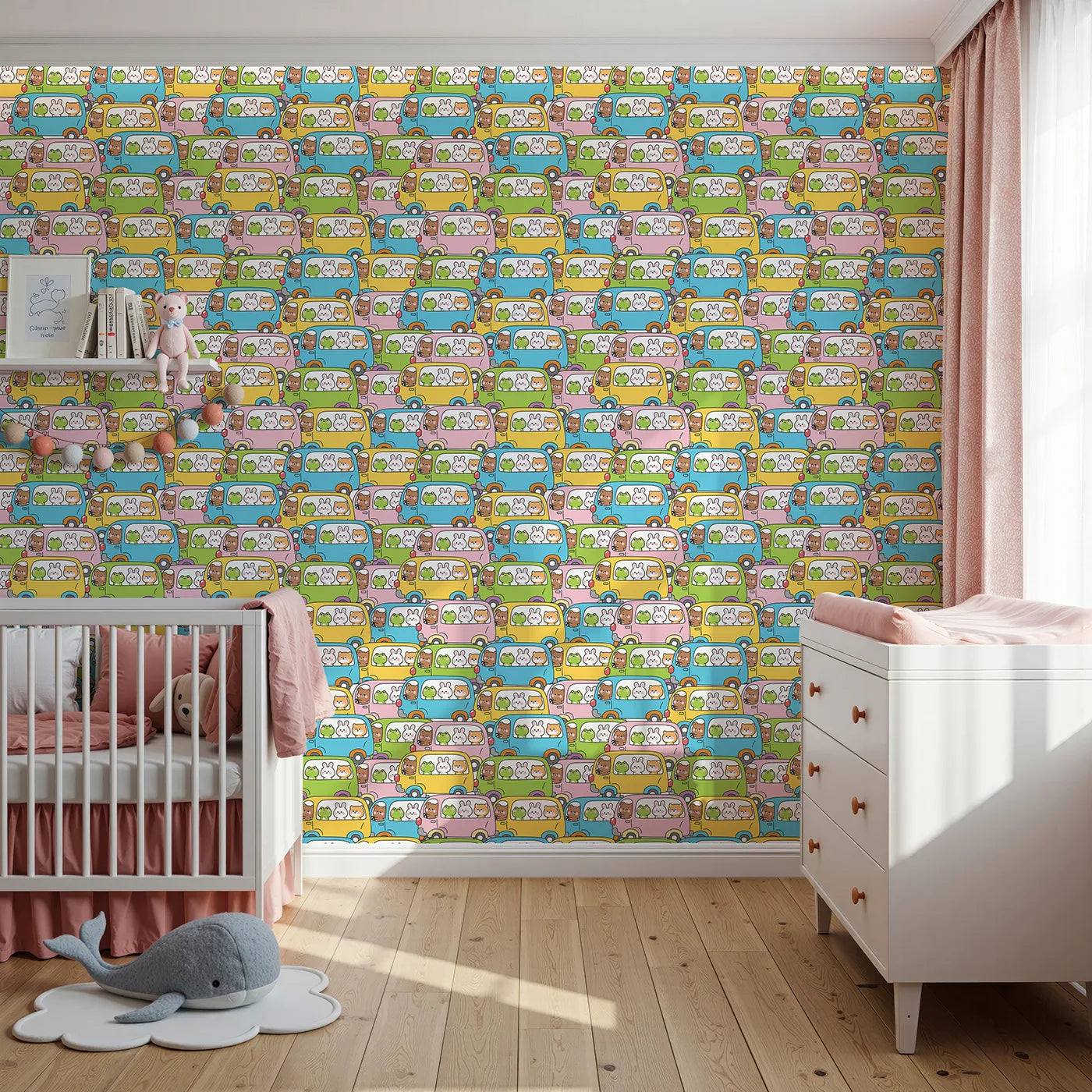 Front view of Whimsy Tots' Animal Bus Buddies Wallpaper