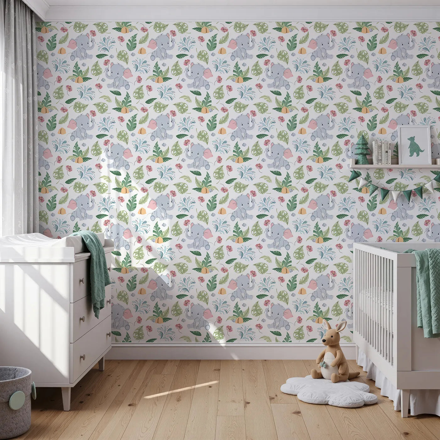 Front view of Whimsy Tots' Baby Elephant Splash Wallpaper