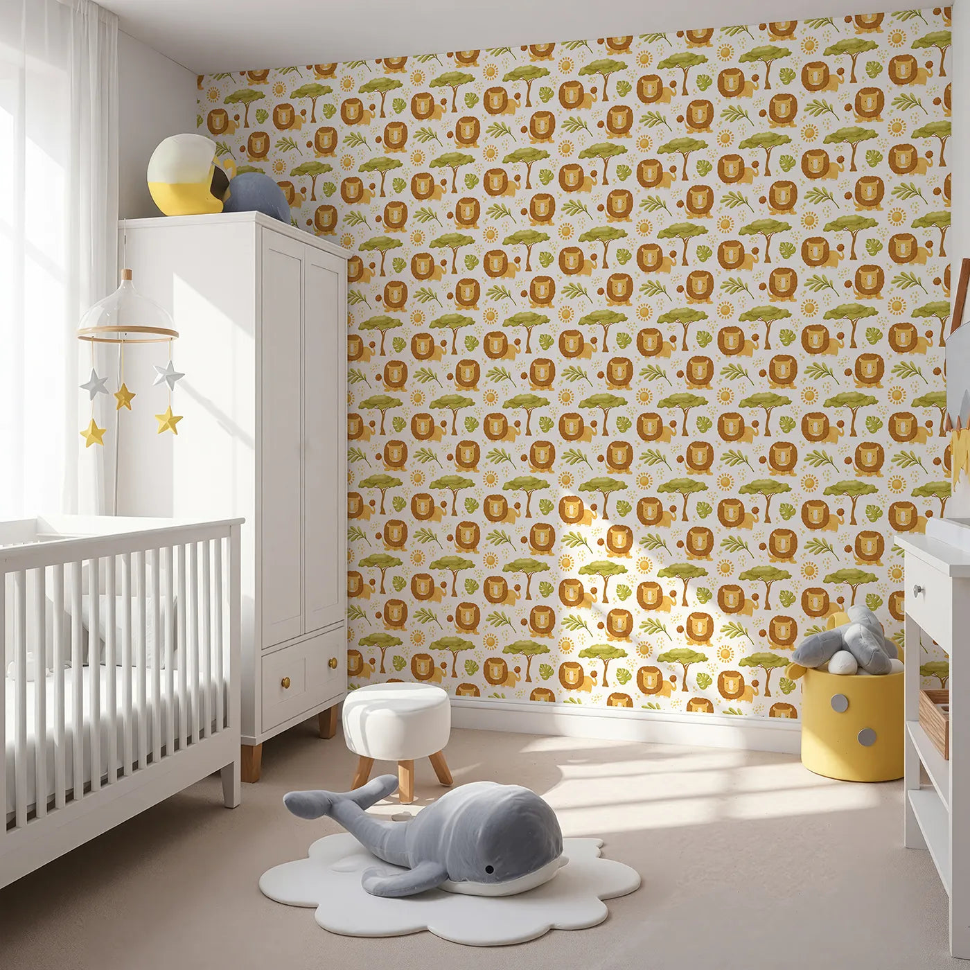Angled view of Whimsy Tots' Watercolor Lion Savanna Wallpaper (W2331).Where a gentle lion rests under the shade of an acacia tree.