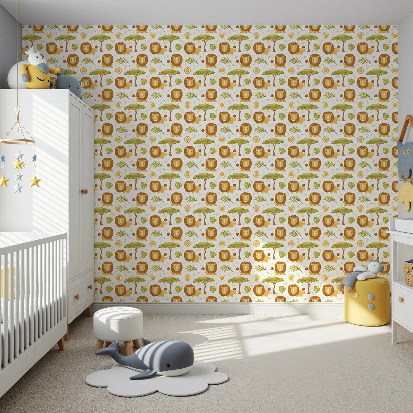 Front view of Whimsy Tots' Watercolor Lion Savanna Wallpaper