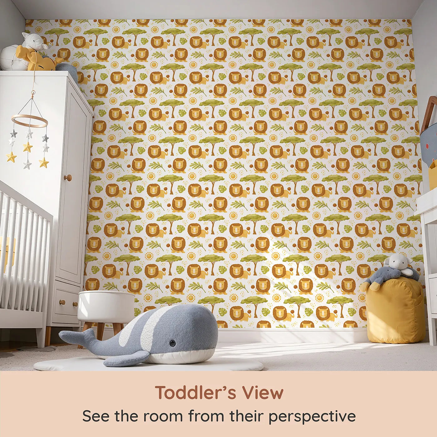 Whimsy Tots Watercolor Lion Savanna Wallpaper (W2331) from your child's view.Where a gentle lion rests under the shade of an acacia tree.
