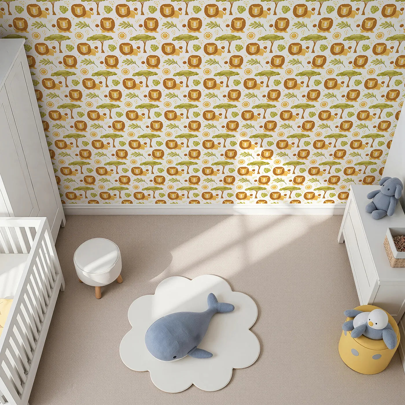 Top-Down view of Whimsy Tots' Watercolor Lion Savanna Wallpaper (W2331).Where a gentle lion rests under the shade of an acacia tree.