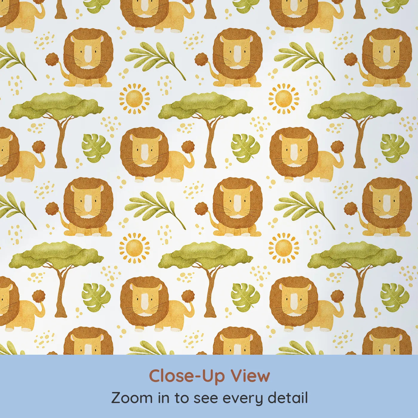 Close-up view of Whimsy Tots' Watercolor Lion Savanna Wallpaper (W2331).Where a gentle lion rests under the shade of an acacia tree.