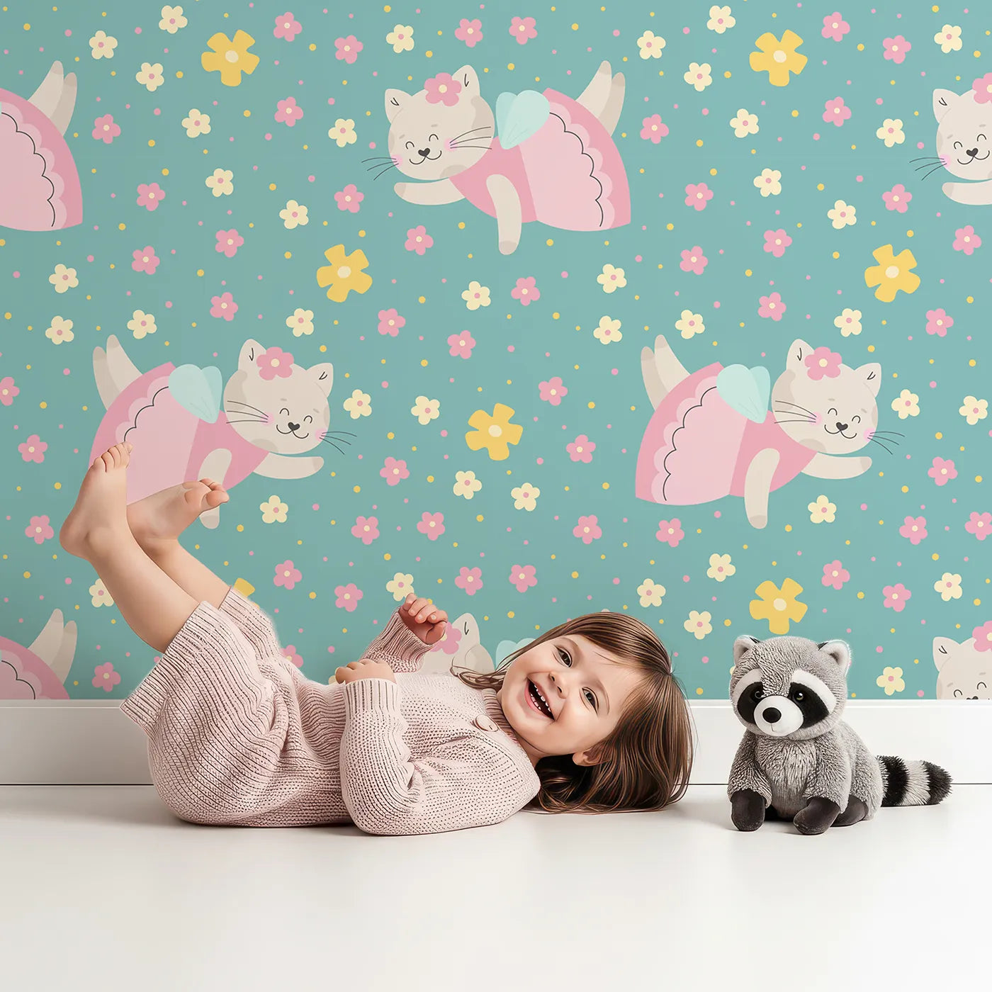 Lovely child standing in front of Whimsy Tots Ballerina Cat Garden Wallpaper in Green with cat, ballerina, flower, dance, cute in design.