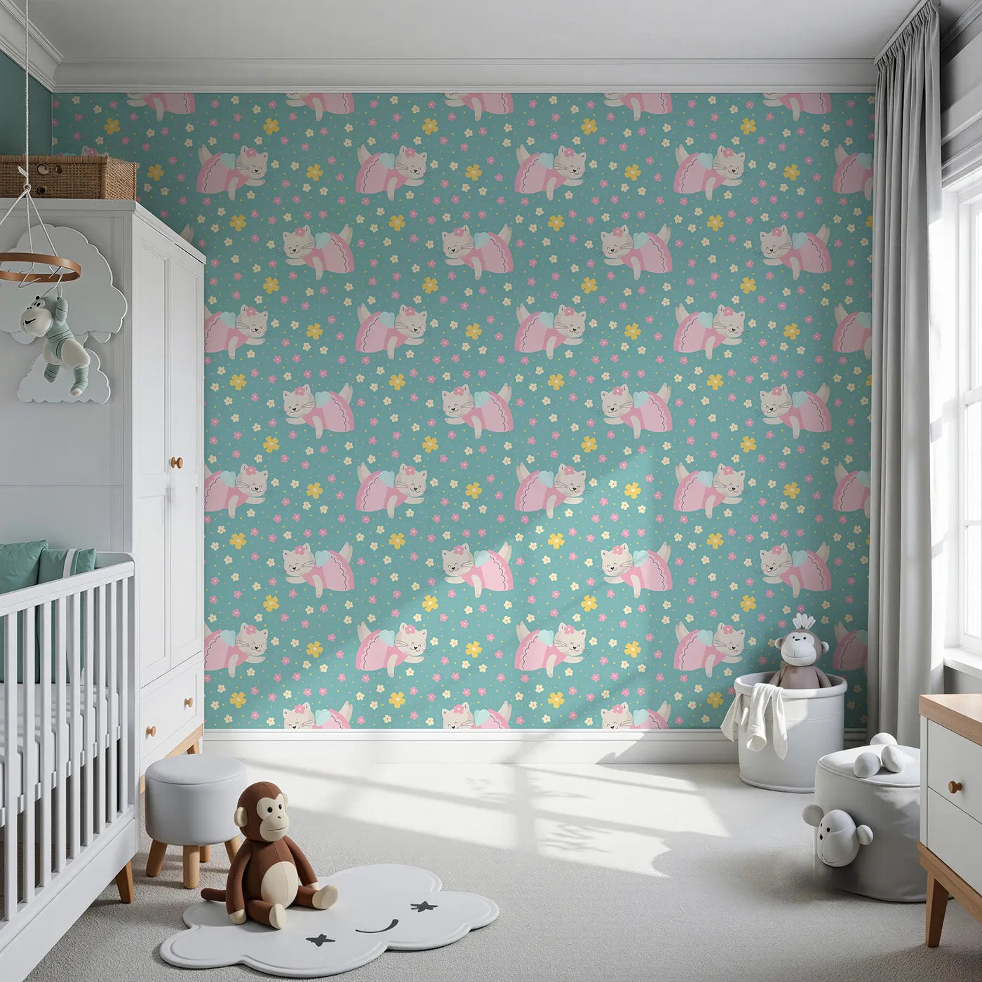 Front view of Whimsy Tots' Ballerina Cat Garden Wallpaper in Green