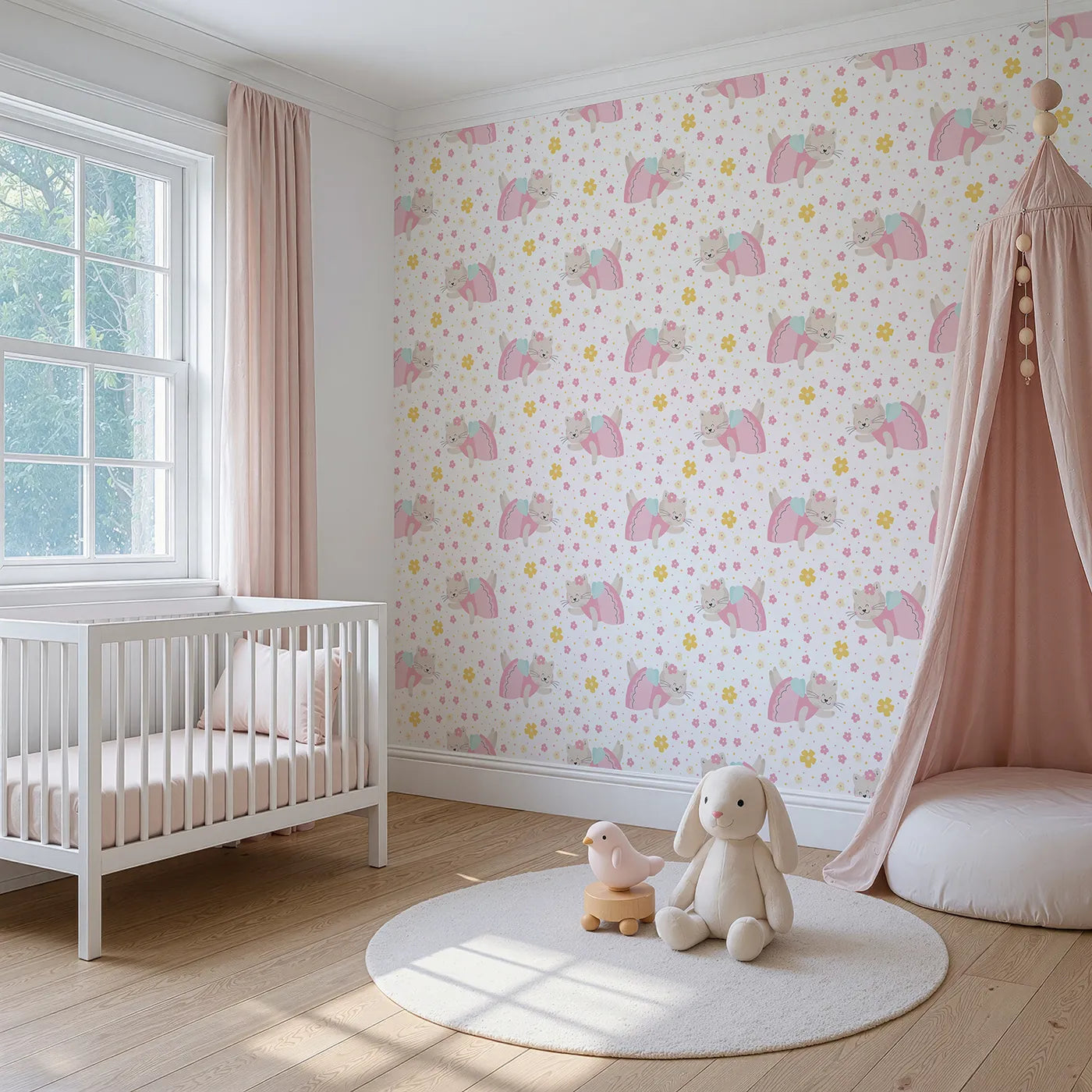 Angled view of Whimsy Tots' Ballerina Cat Garden Wallpaper in White (W2333).Where a sweet ballerina cat floats through a field of flowers.